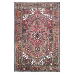 Faded Brown with a Mix of Pink Vintage Persian Heriz Worn Wool Hand Knotted Rug