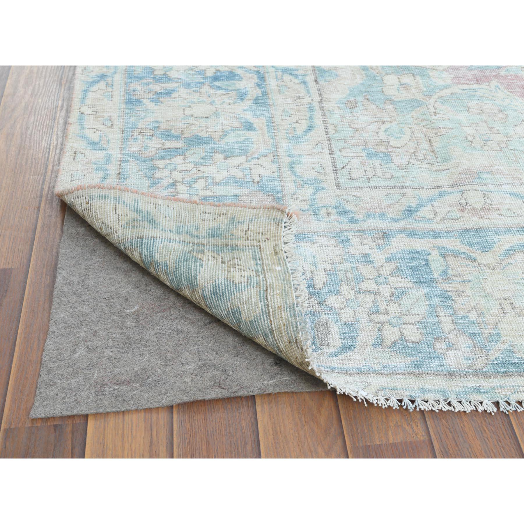 Faded Champagne, Distressed, Vintage Persian Kerman, Worn Wool, Hand Knotted Rug In Good Condition For Sale In Carlstadt, NJ