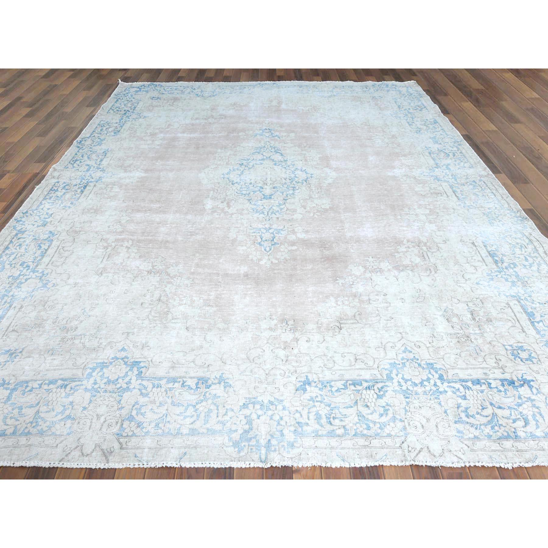 Medieval Faded Champagne Vintage Persian Kerman Distressed, Worn Wool Hand Knotted Rug For Sale