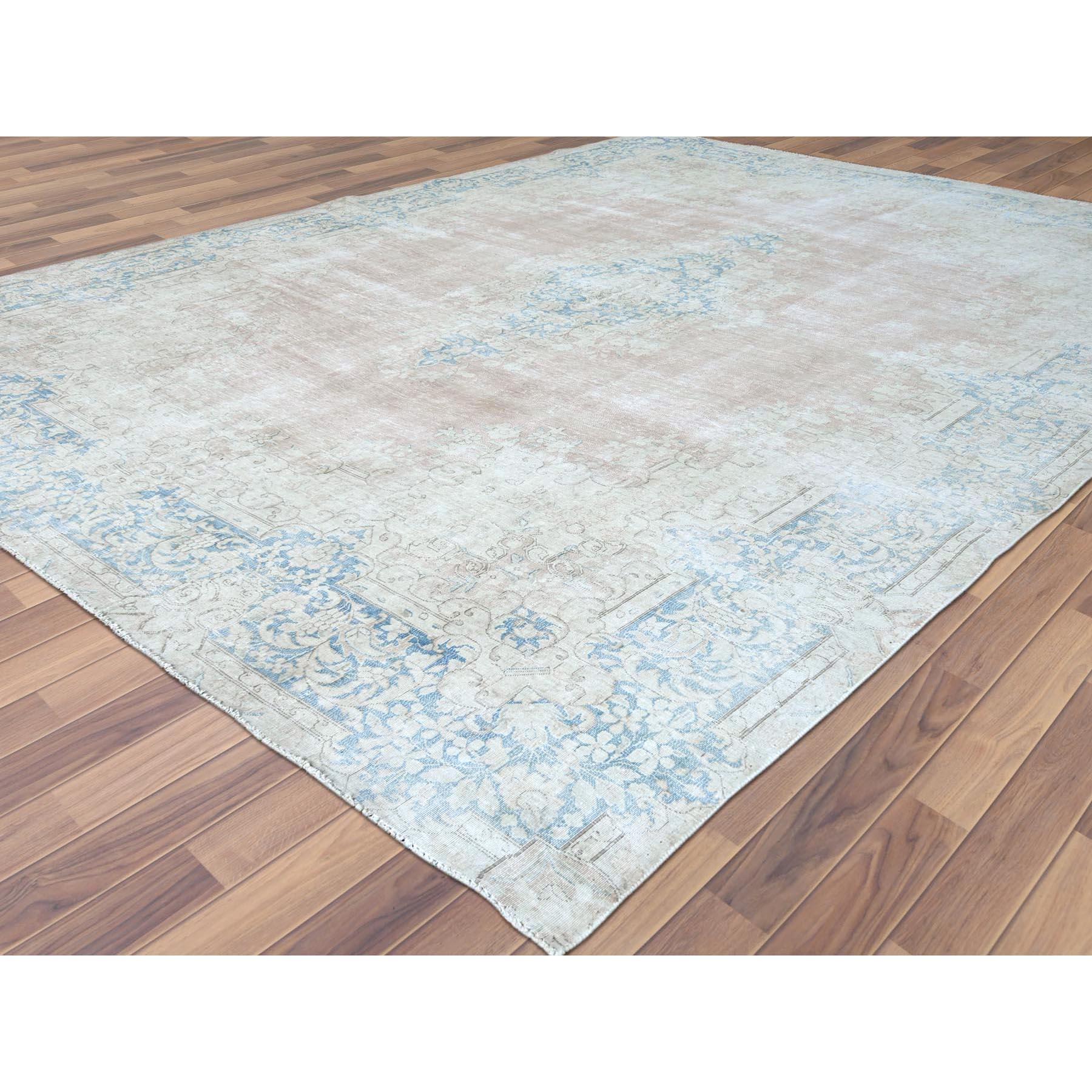 Hand-Knotted Faded Champagne Vintage Persian Kerman Distressed, Worn Wool Hand Knotted Rug For Sale