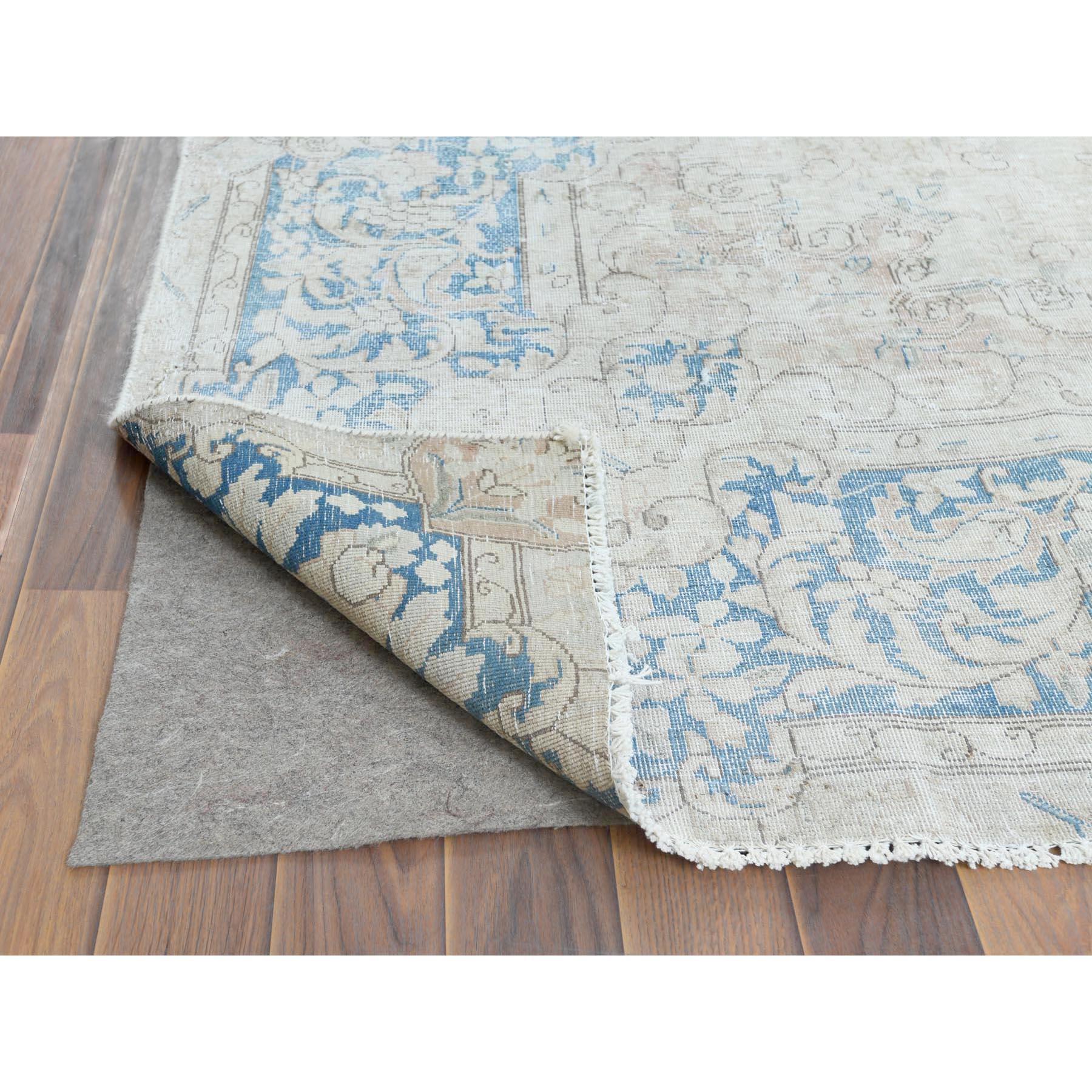Faded Champagne Vintage Persian Kerman Distressed, Worn Wool Hand Knotted Rug In Good Condition For Sale In Carlstadt, NJ