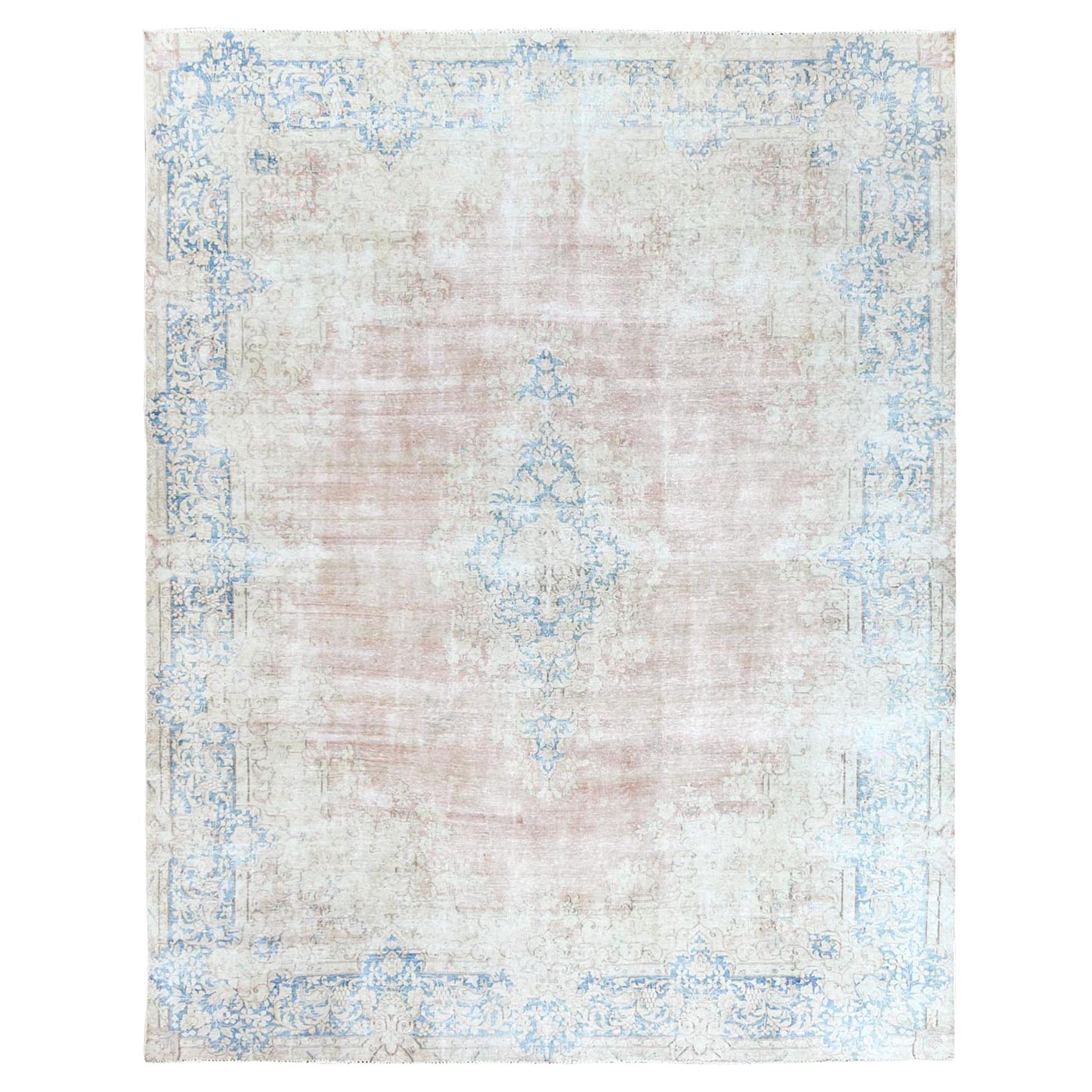 Faded Champagne Vintage Persian Kerman Distressed, Worn Wool Hand Knotted Rug For Sale