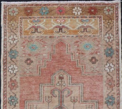 Faded Coral and Taupe Vintage Turkish Oushak Rug with Layered Medallion Design