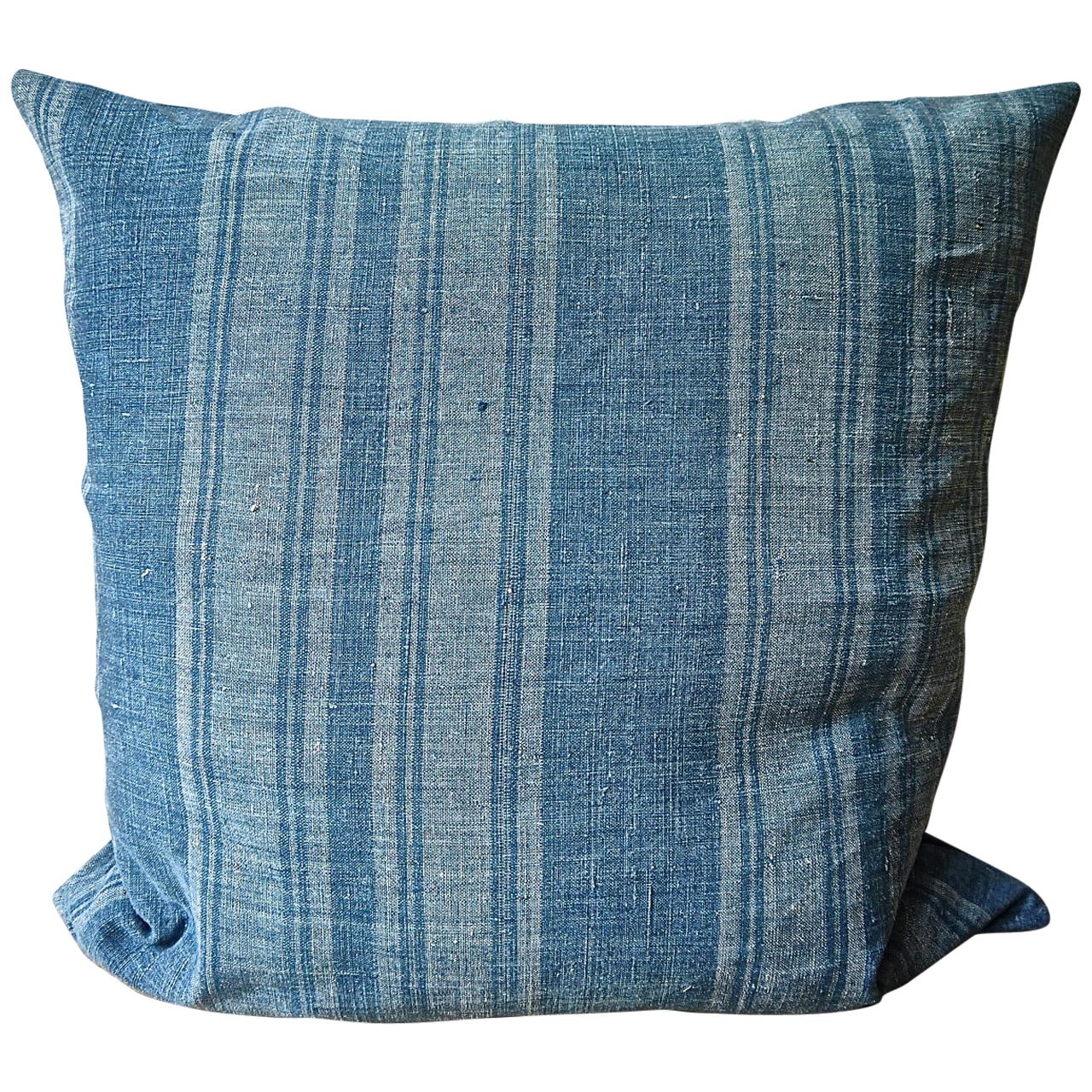 Faded Indigo Stripe Linen Pillow French 19th Century For Sale