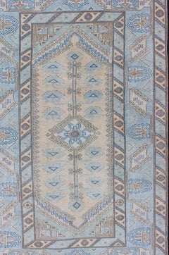 Faded Oushak Rug from Turkey with All Over Design in Blues and Cream