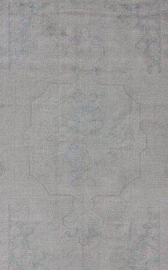Turkish Oushak Rug in Faded Steel Blue and Soft Gray with Subtle Medallion