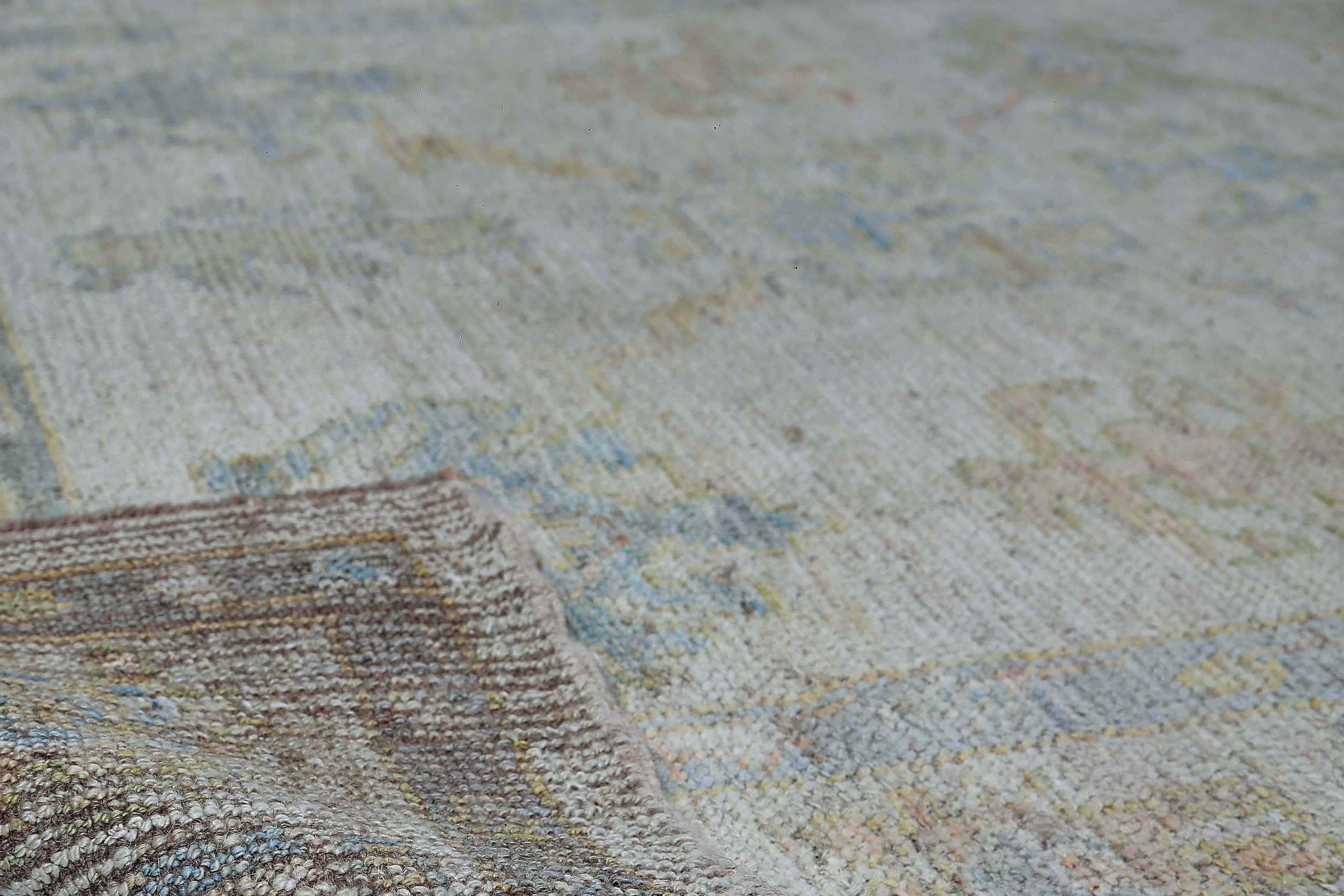 Faded Oushak Rug with Blue Tones In New Condition For Sale In Dallas, TX