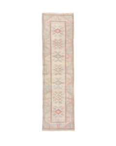 Faded Pastel Oushak Runner – Soft Coral and Sky Blue on Ivory