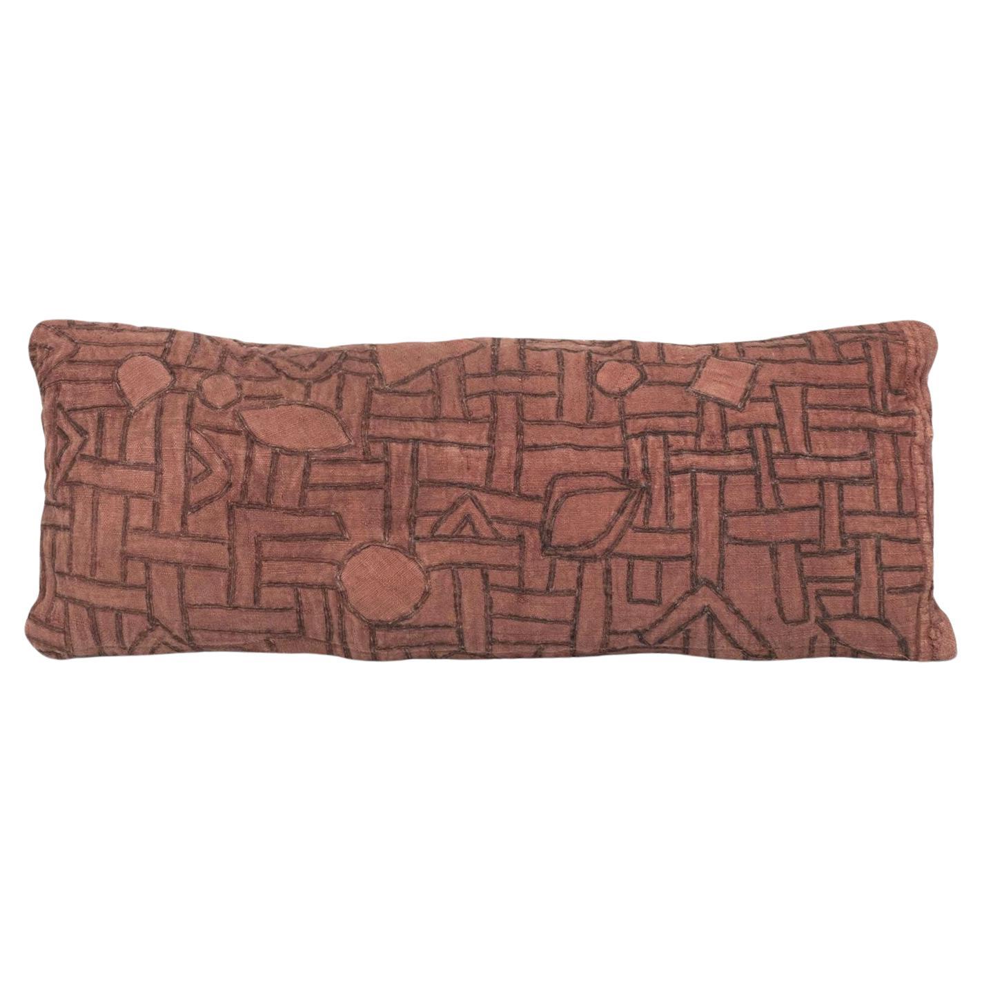 Faded Plum-Color Embroidered Small Lumbar Cushion For Sale