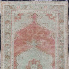 Vintage Turkish Oushak Medallion Rug in Soft Coral, Mint Green, and Beige Tones