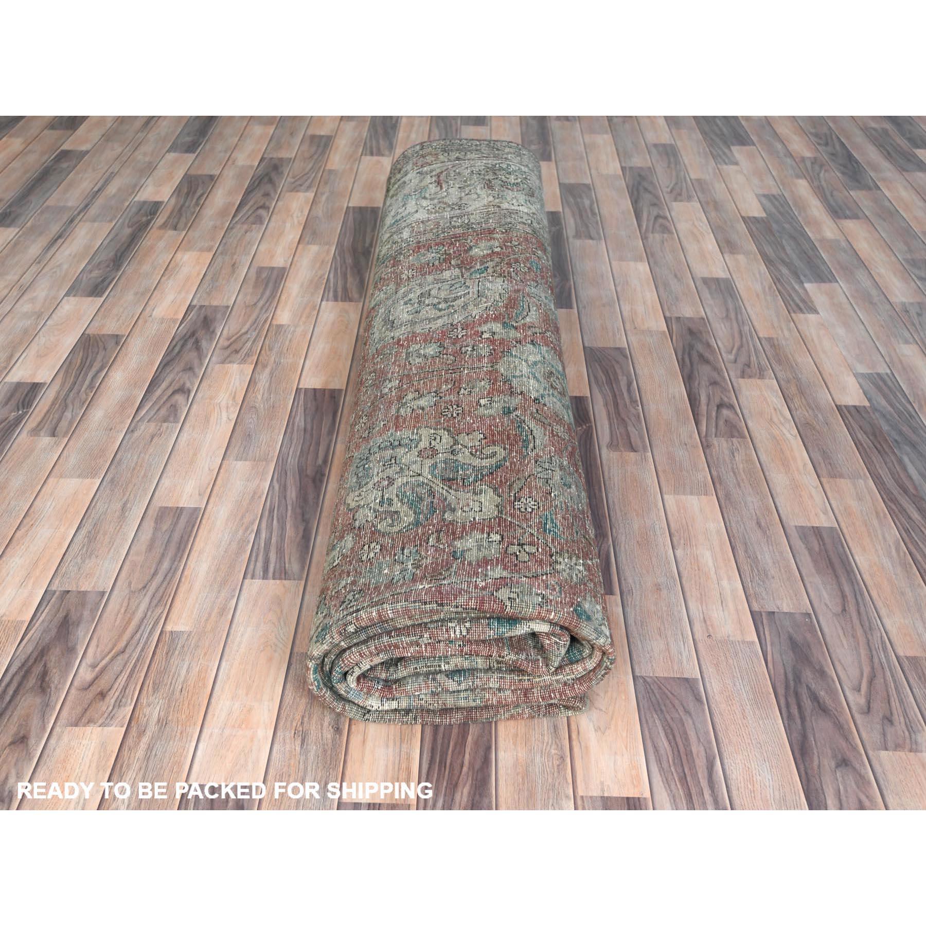 Faded Red Vintage Persian Tabriz Worn Wool Distressed Look Hand Knotted Rug For Sale 5