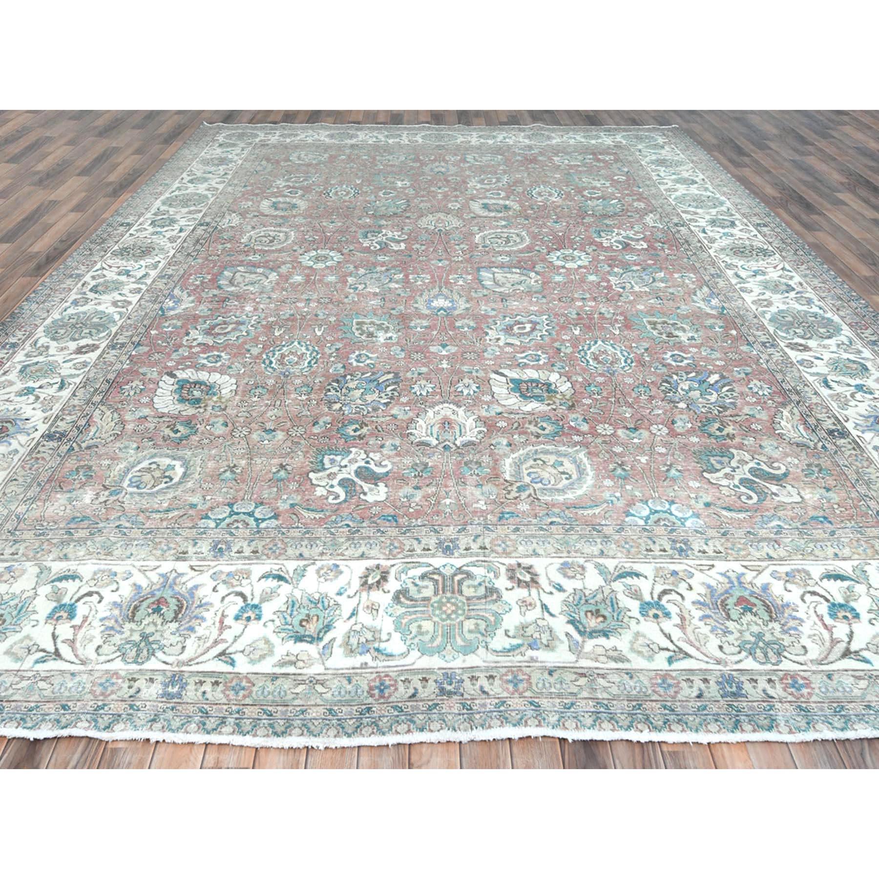 Hand-Knotted Faded Red Vintage Persian Tabriz Worn Wool Distressed Look Hand Knotted Rug For Sale