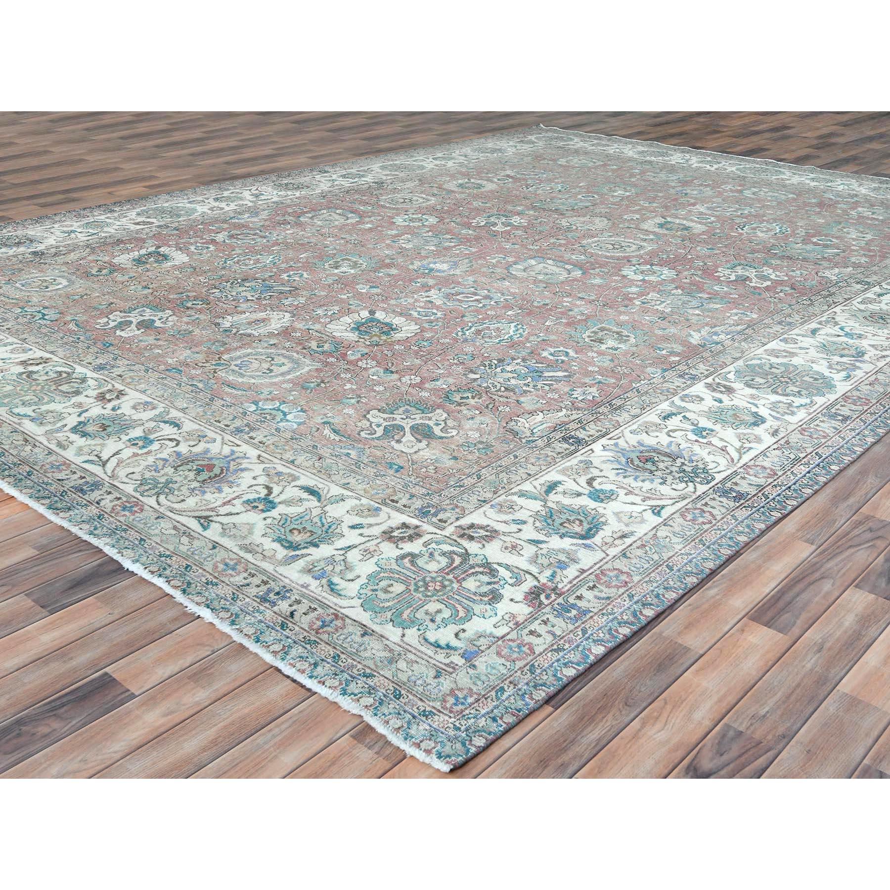 Faded Red Vintage Persian Tabriz Worn Wool Distressed Look Hand Knotted Rug In Good Condition For Sale In Carlstadt, NJ