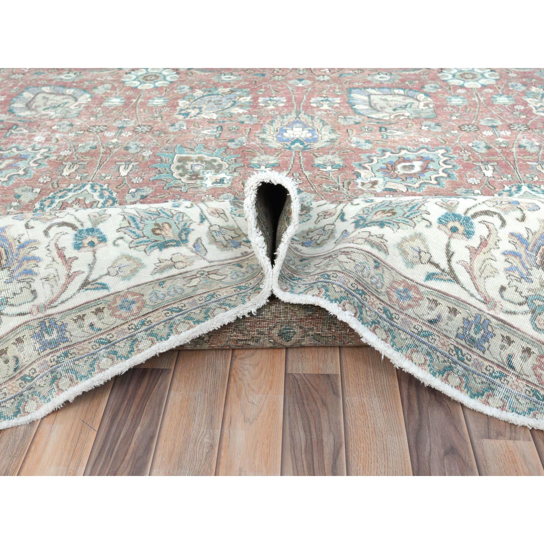 Faded Red Vintage Persian Tabriz Worn Wool Distressed Look Hand Knotted Rug For Sale 1