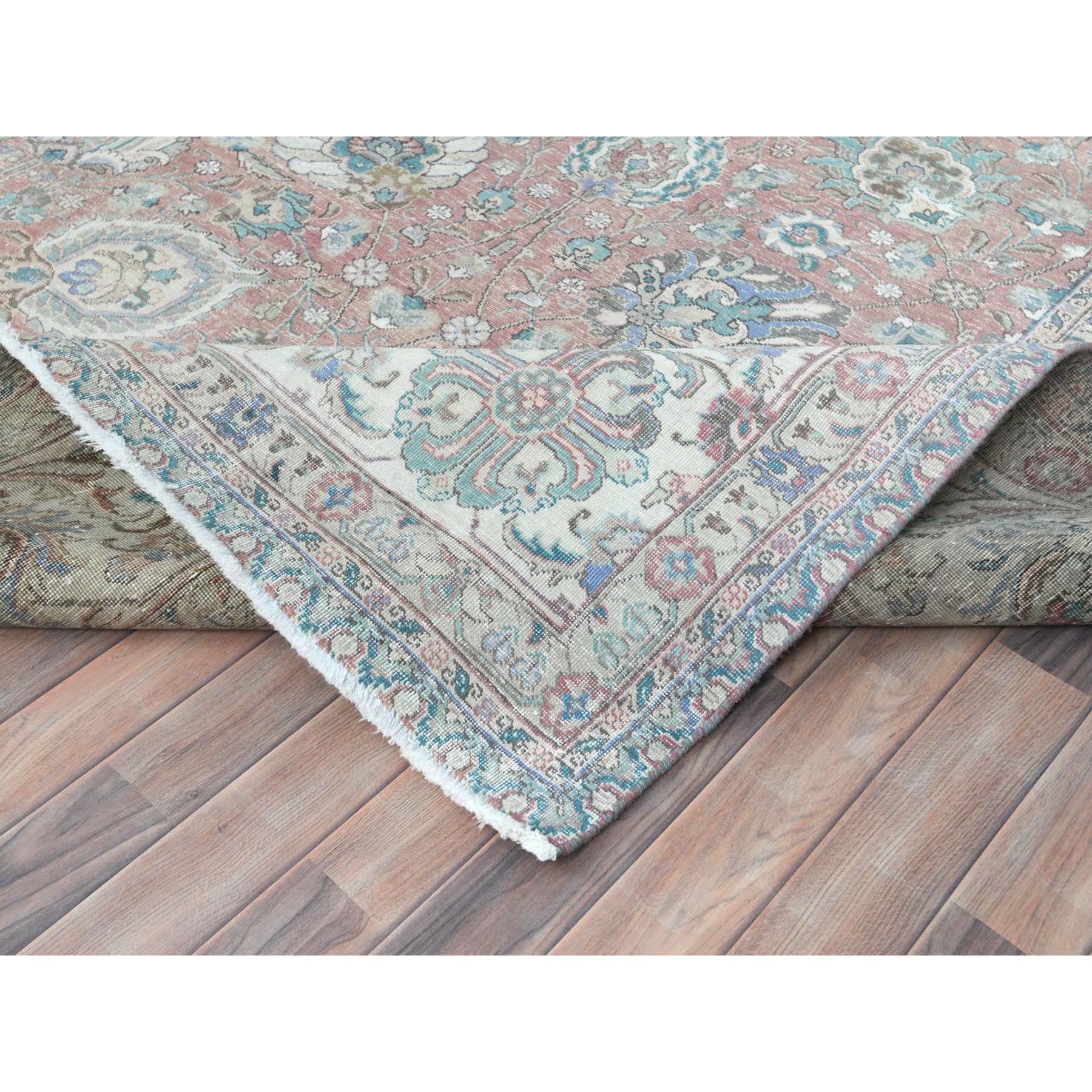 Faded Red Vintage Persian Tabriz Worn Wool Distressed Look Hand Knotted Rug For Sale 2
