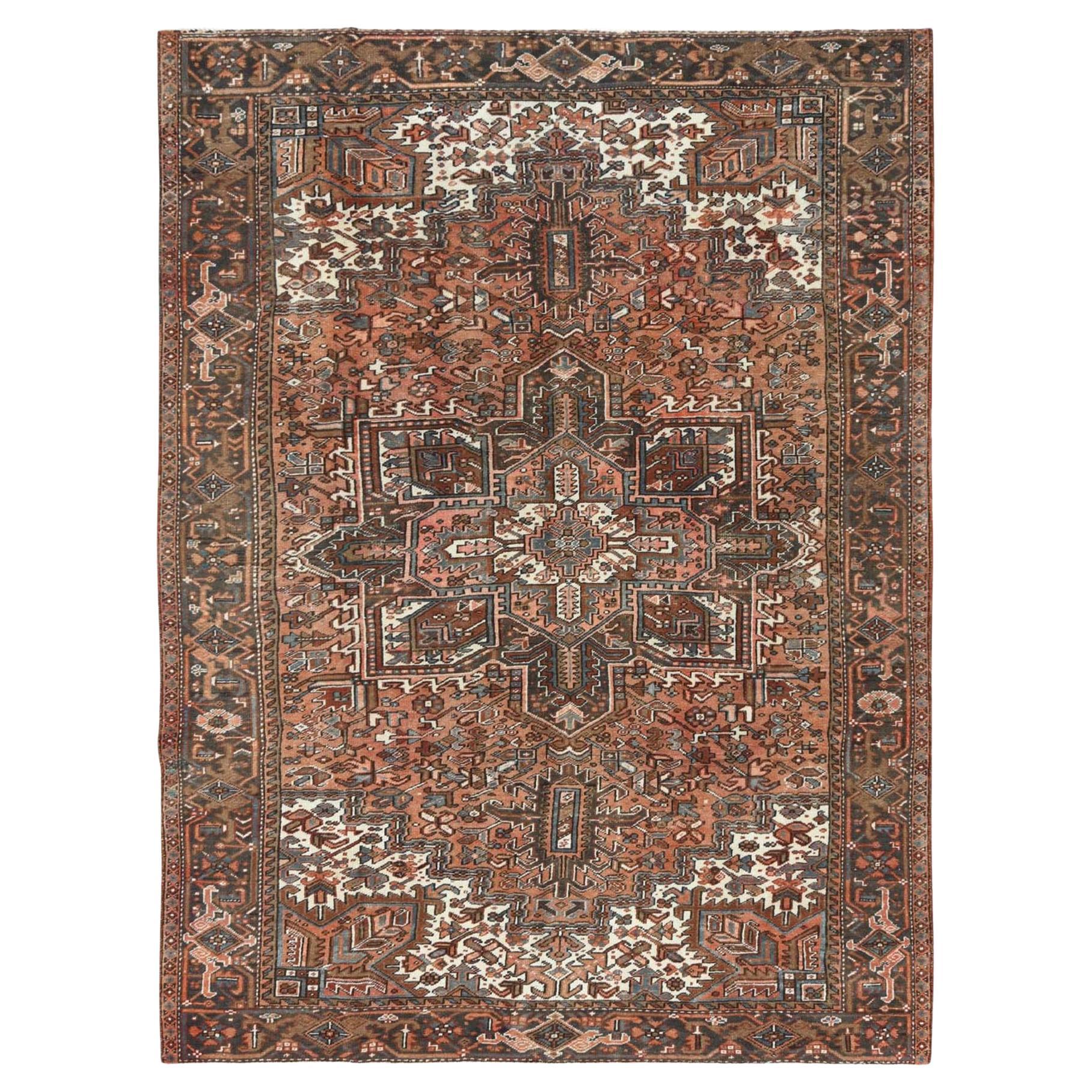Vintage Tomato Red Persian Heriz Distressed Hand Knotted Clean Natural Wool Rug For Sale at 1stDibs