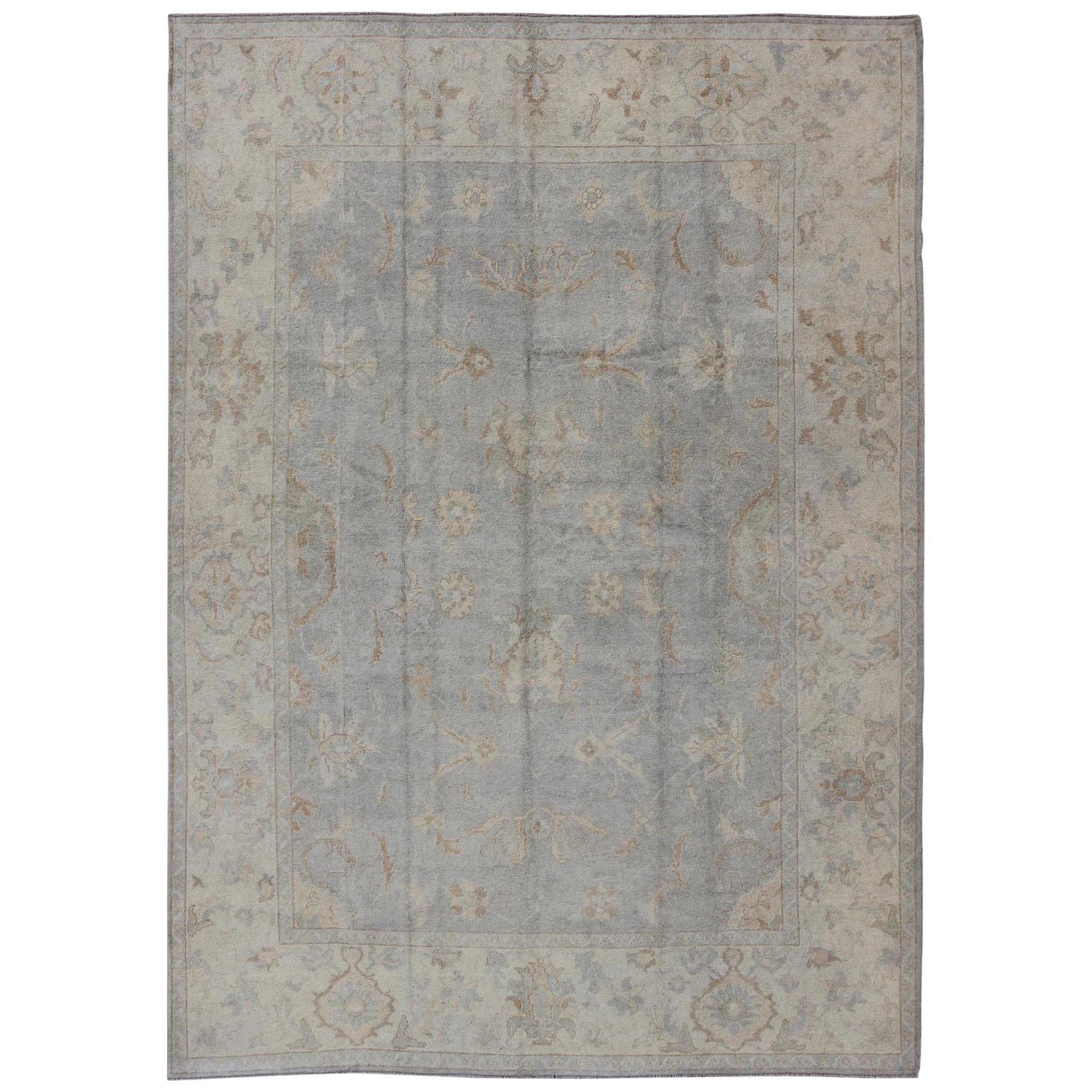 Large Turkish Oushak Rug with All-Over Vining Floral Design in Grey and Cream