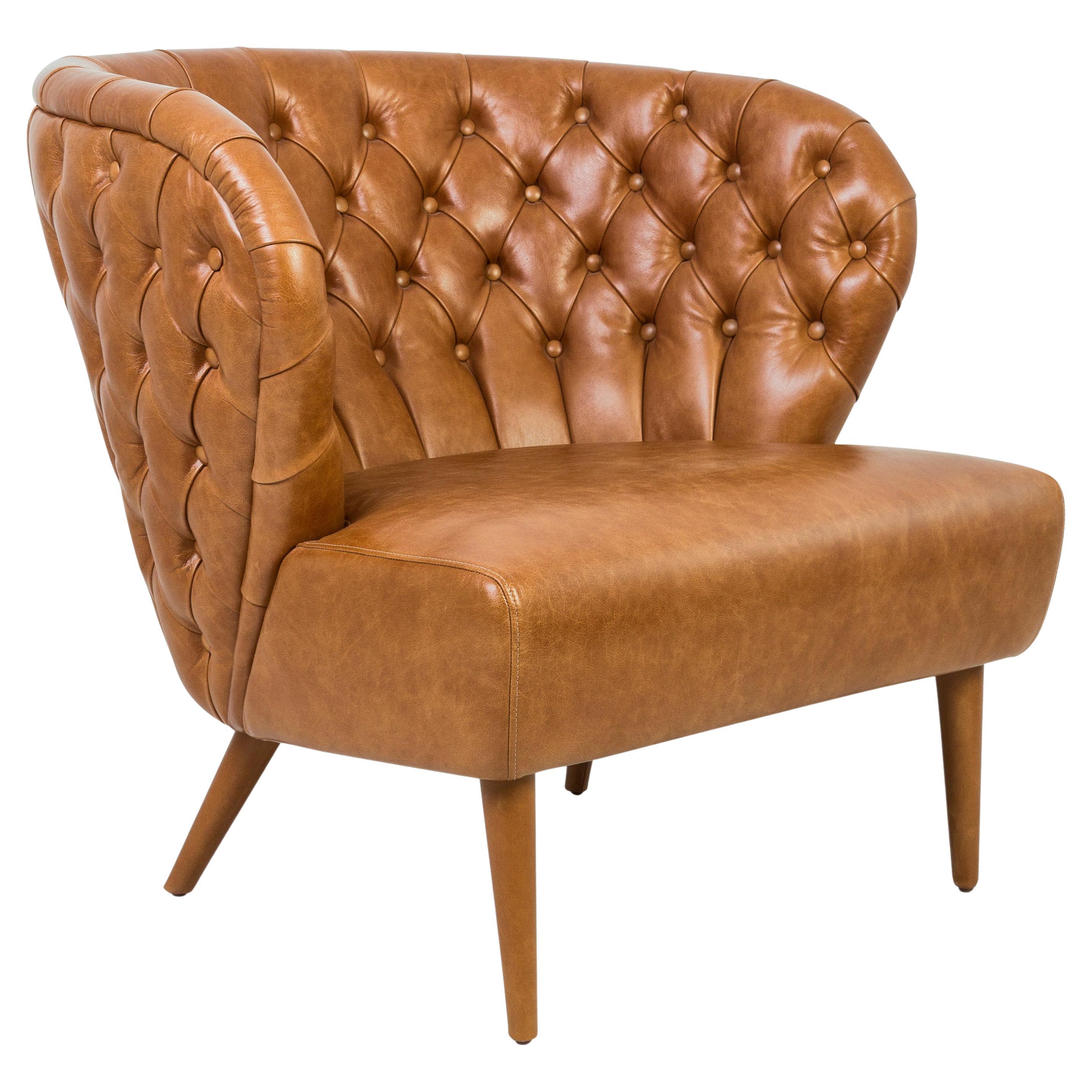 Fado Armchair, Upholstery in Leather, Real Capitoné, Wrapped Feet For Sale
