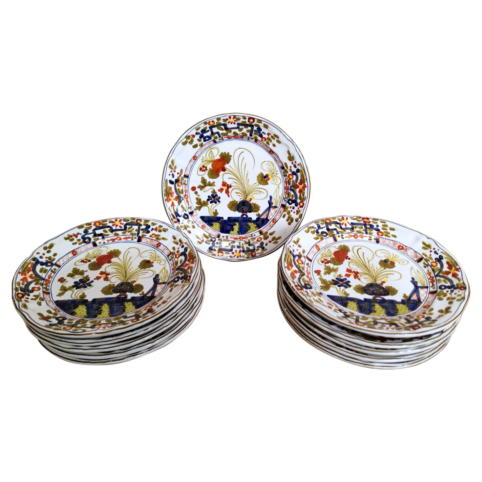 Faenza Italian Ceramic 11 Hand Painted Dessert Plates With "Garofano" Decoration