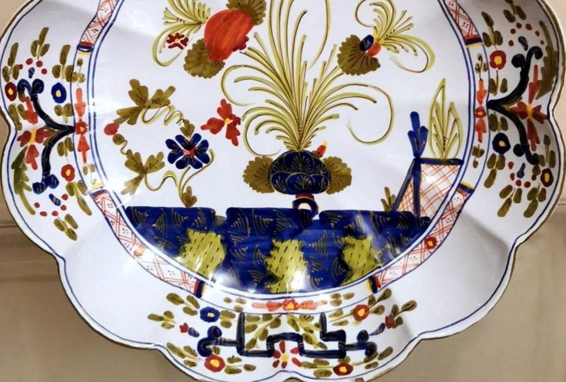 Chinoiserie Faenza Italian Ceramic Centerpiece Tray Hand Painted Decoration 