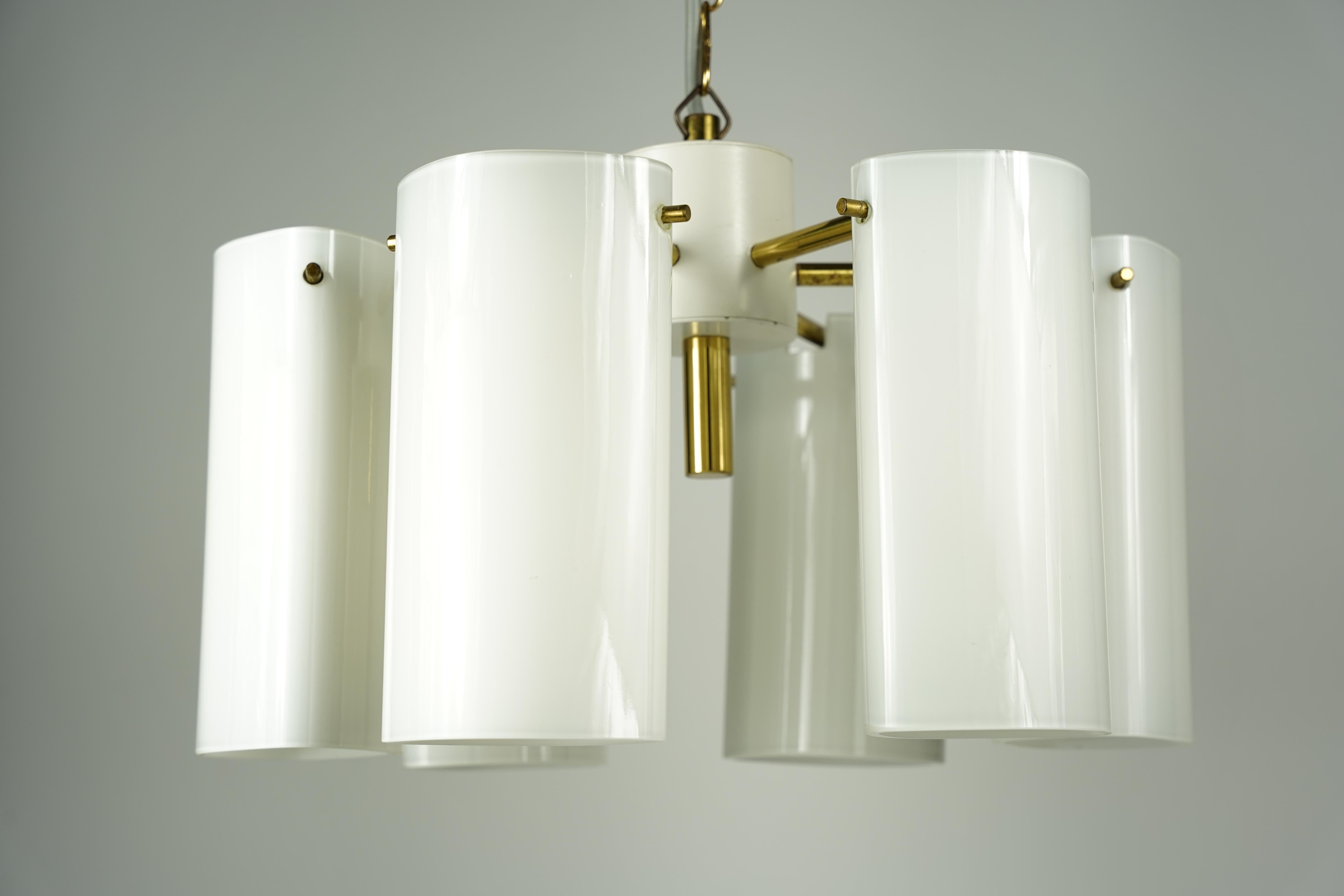 Fagerhult chandelier opaline glass and brass, Sweden, 1960
Beautiful simple clean Swedish 1960s  by Fagerhult, six lid up opaline shades hung on brass spokes attached to a white painted center metal frame.
Designed by Gert Nystrom for Fagerhult