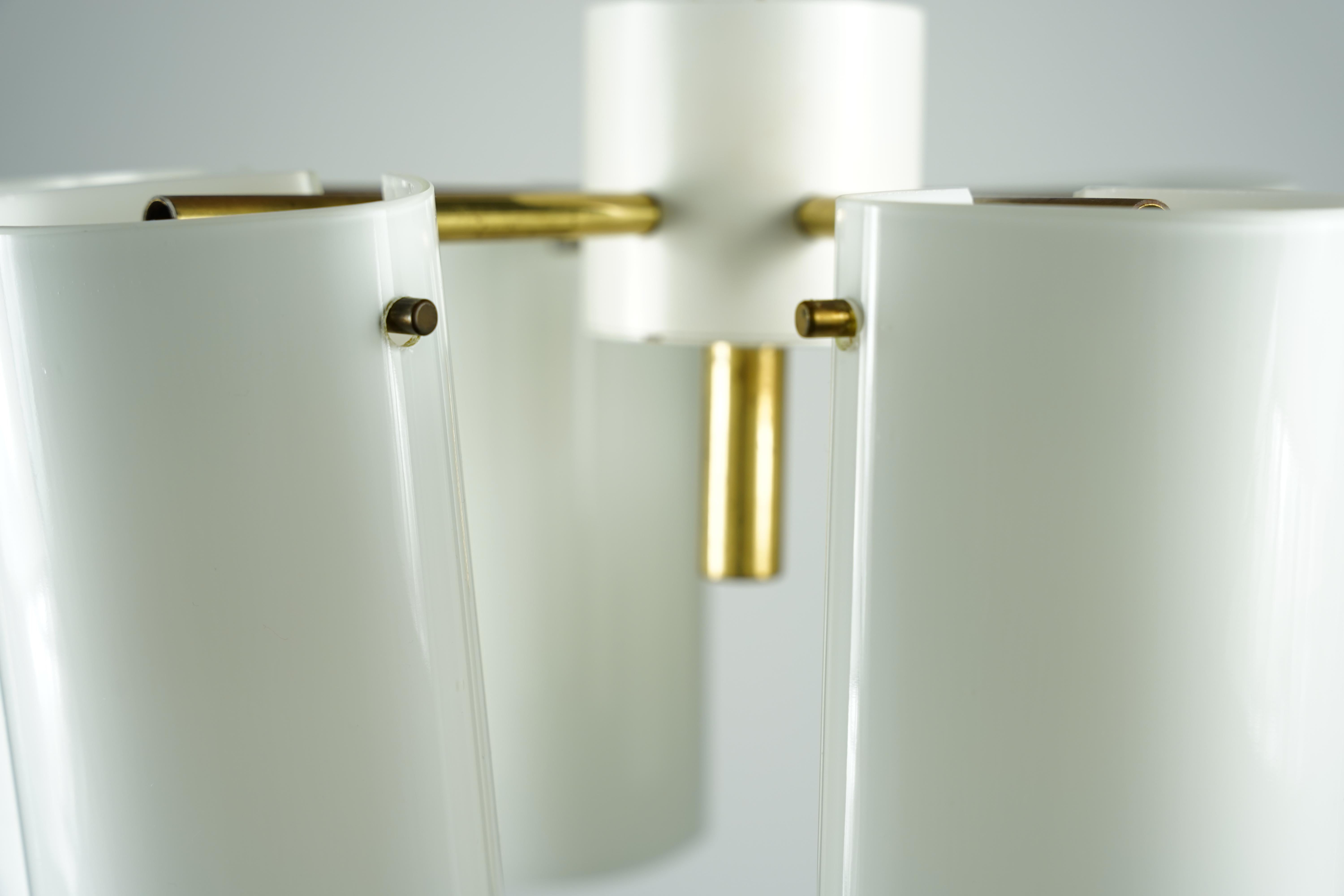 Modern Fagerhult Semi Flush Mount Opaline Glass and Brass, Sweden, 1960 For Sale