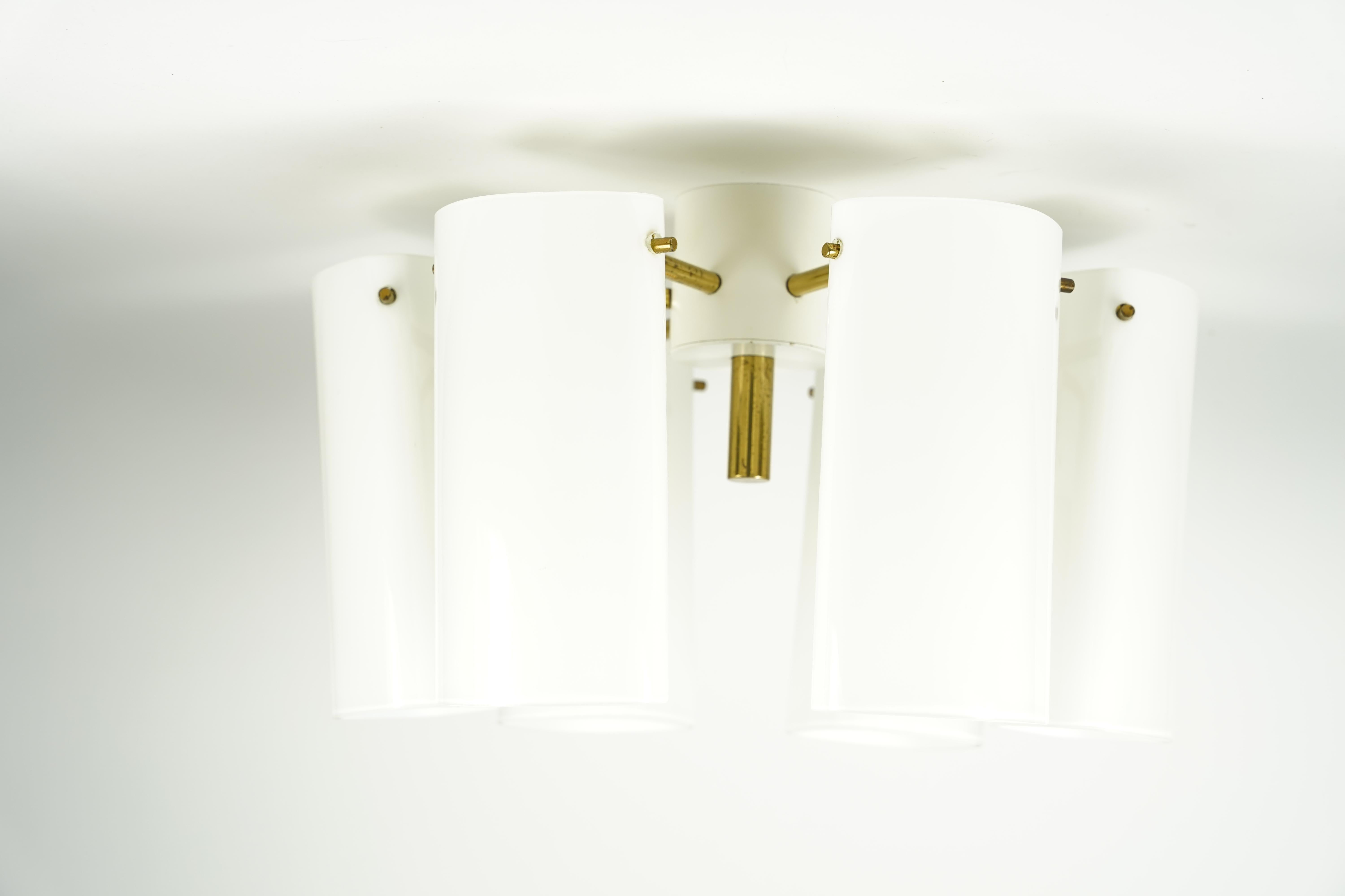 Mid-20th Century Fagerhult Semi Flush Mount Opaline Glass and Brass, Sweden, 1960 For Sale