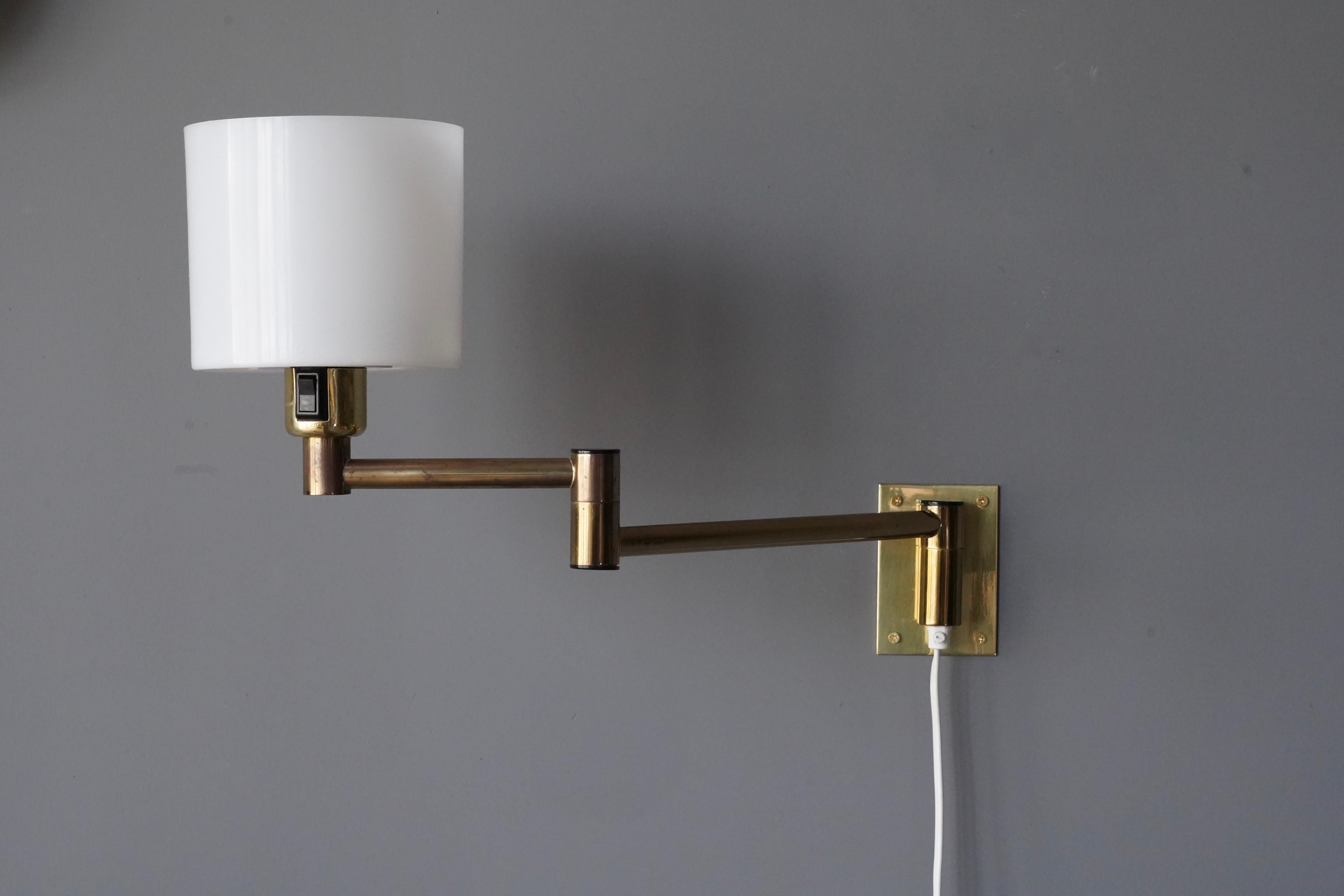 Modern Fagerhults, Adjustable Wall Lights, Brass, Acrylic, Sweden, 1970s For Sale