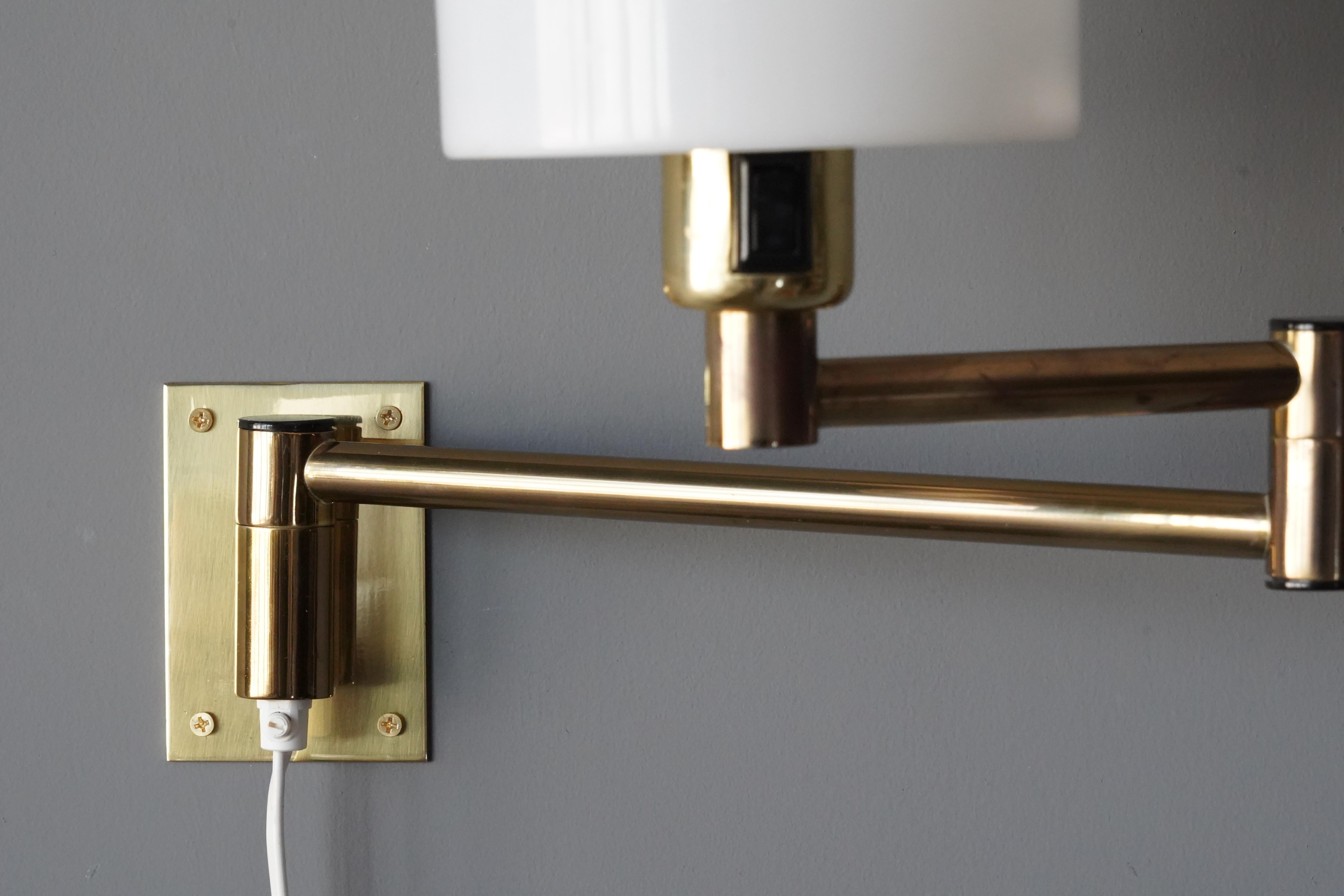 Swedish Fagerhults, Adjustable Wall Lights, Brass, Acrylic, Sweden, 1970s For Sale