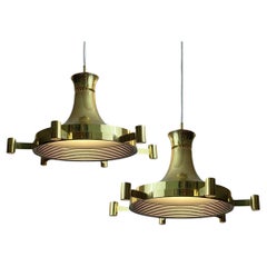 Retro Fagerhults Belysning, a pair of mid-century brass pendant lamps, Sweden, 1960s