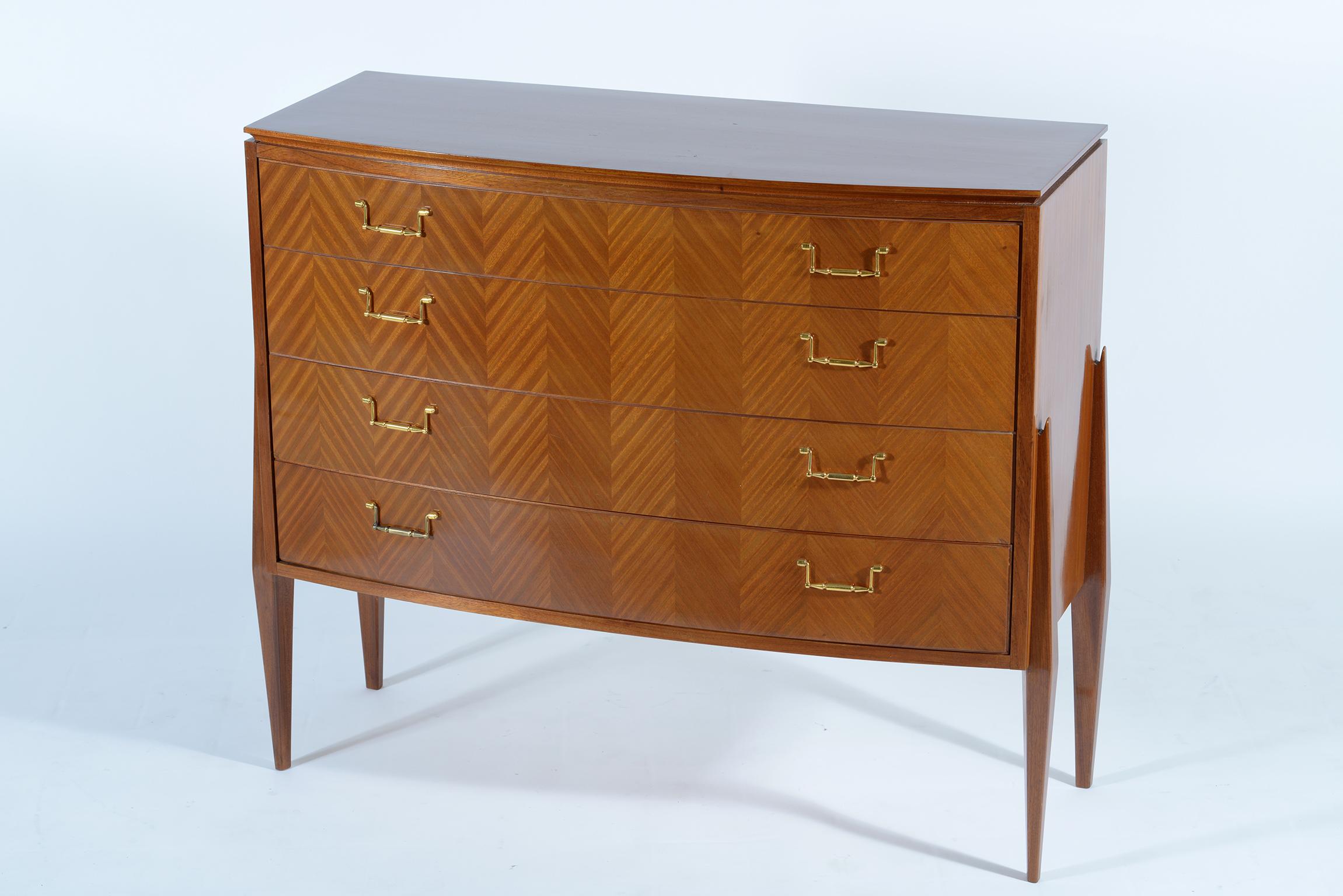 Mid-Century Modern Fagioli Midcentury Florentine Curved Front Chest, Four Drawers Brass Handles