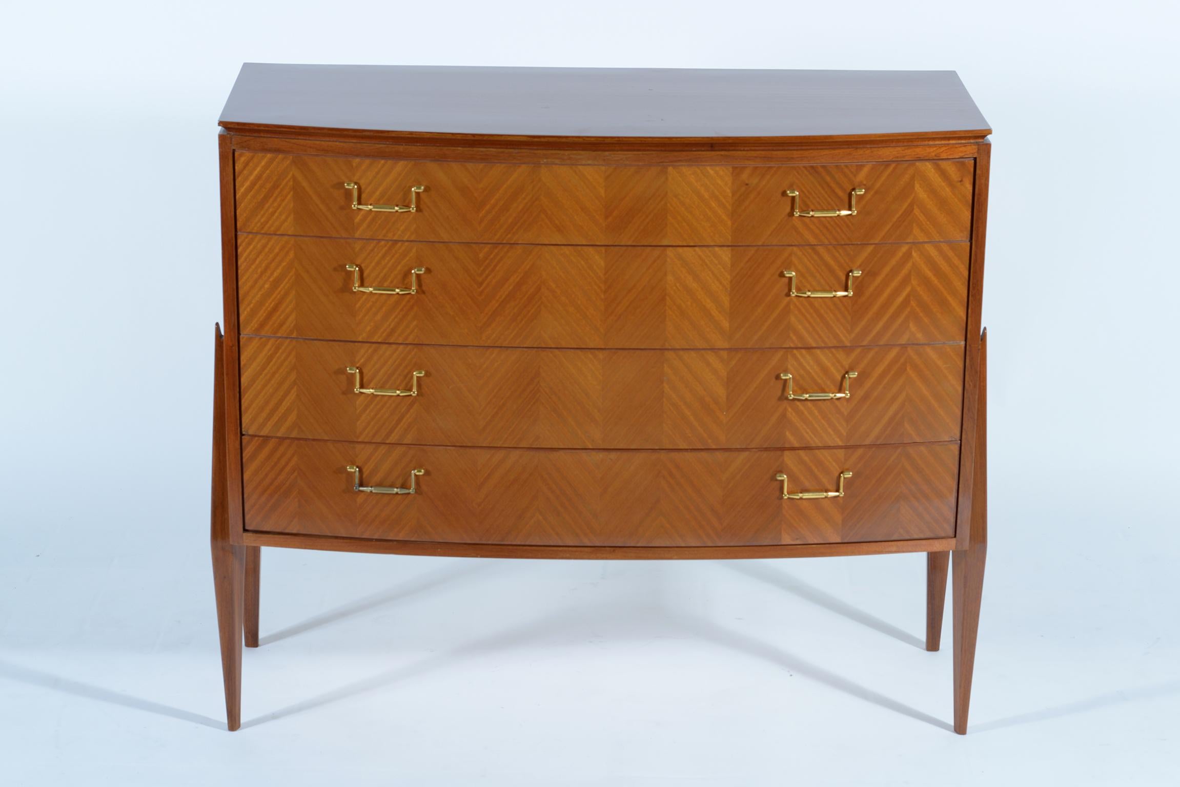 Italian Fagioli Midcentury Florentine Curved Front Chest, Four Drawers Brass Handles