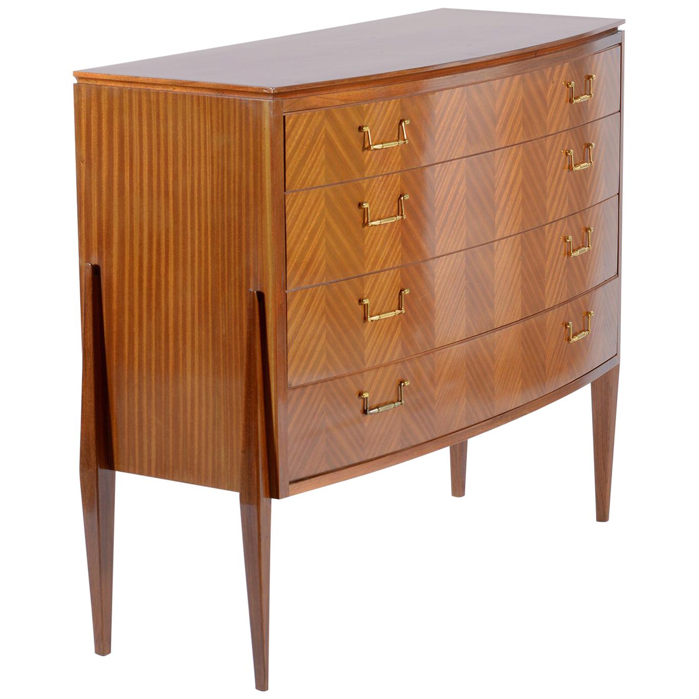 Fagioli Midcentury Florentine Curved Front Chest, Four Drawers Brass Handles