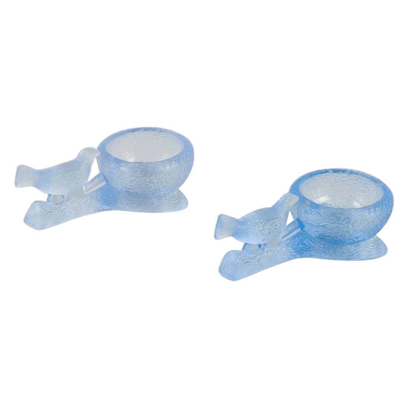 Fåglavik Glasbruk, Sweden. Two salt cellars with birds in blue glass