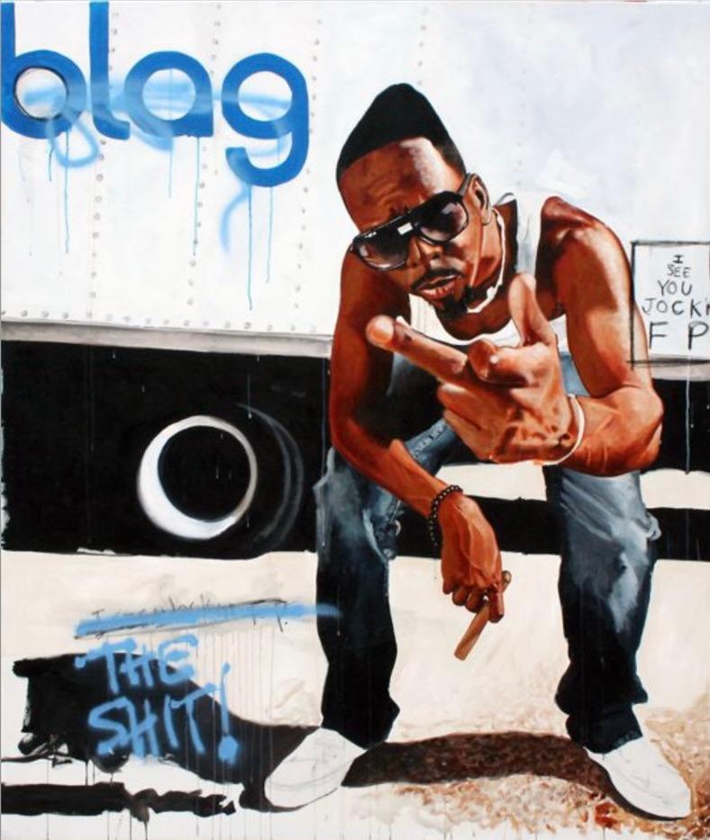 Fahamu Pecou overlays social commentary and hip-hop culture onto the world of contemporary art with paintings and drawings that depict himself on fictionalized magazine covers and in staged photo shoots. Pecou’s paintings, performance art, and