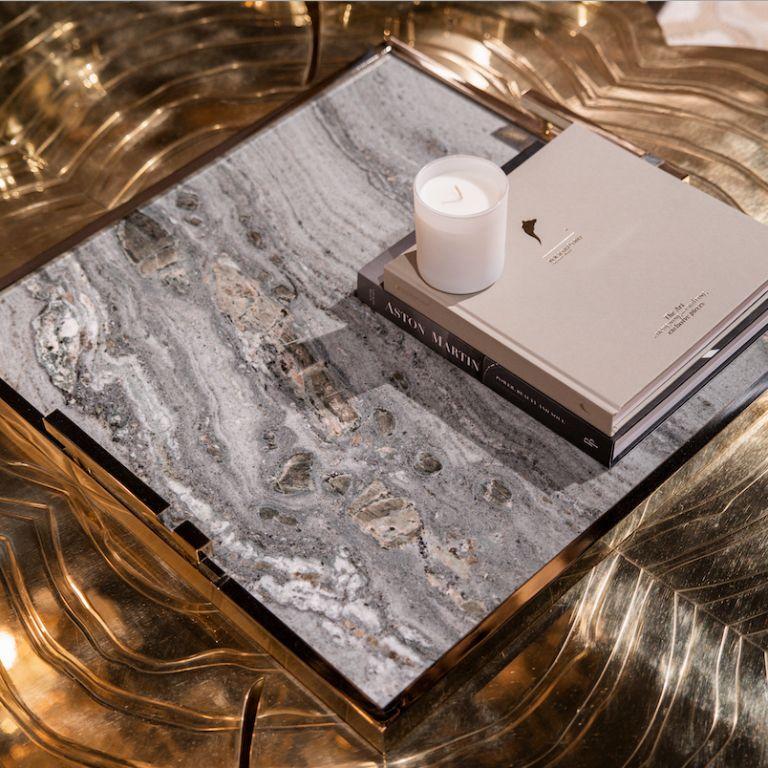 Hand-Crafted Fahari Large Tray in Marble and Gold – Elegant Luxury Serveware For Sale