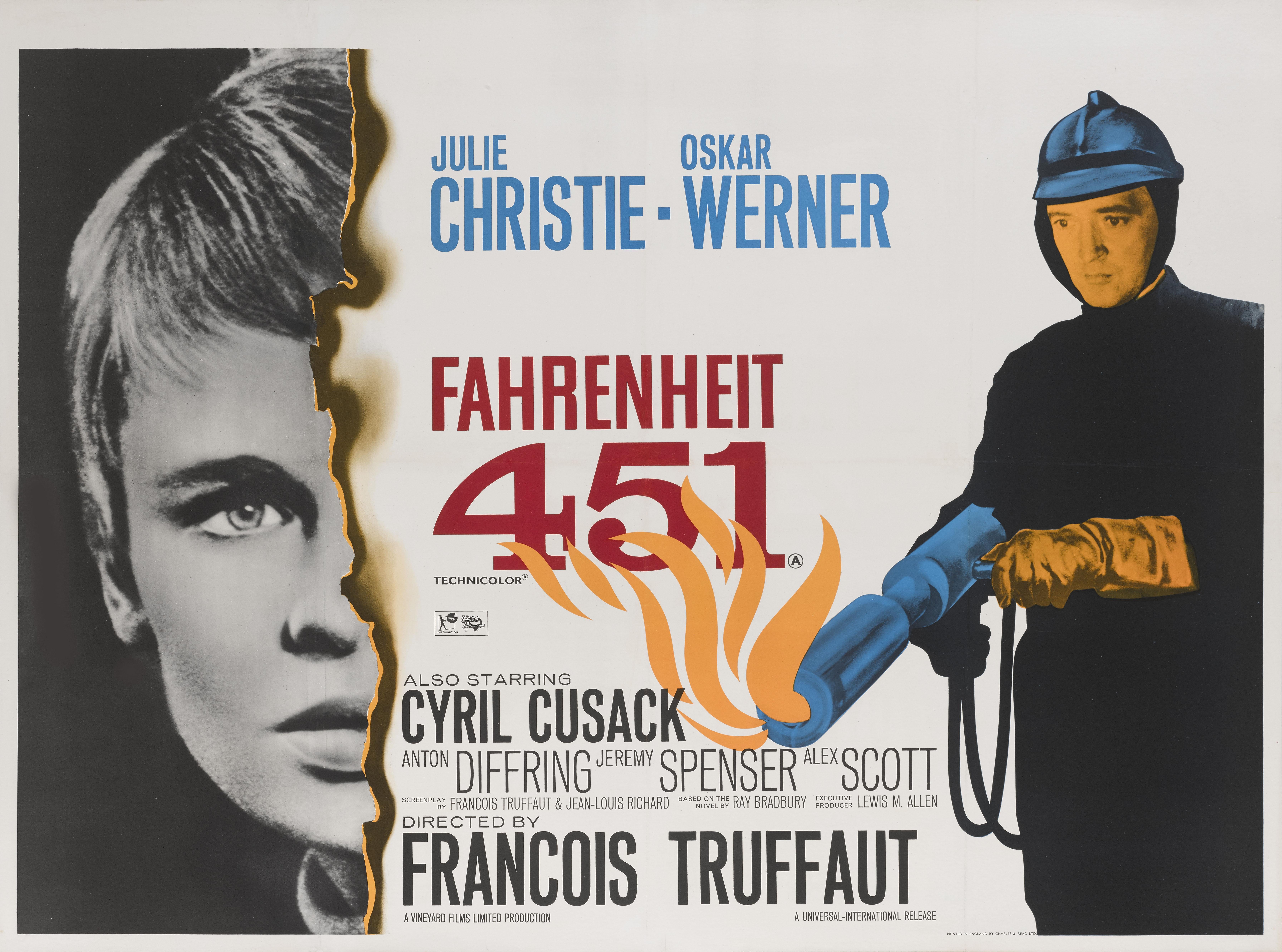Originales britisches Filmplakat für den französischen Science-Fiction-Film Fahrenheit 451 von 1966. Dieser Film mit Oskar Werner, Julie Christie und Cyril Cusack in den Hauptrollen wurde von Francois Truffaut inszeniert.
Dieses Plakat ist Erhaltung