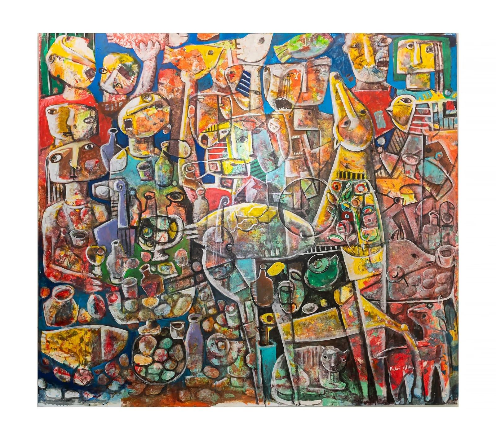 « Feast and Chaos »  Grande peinture originale sur toile de l'artiste Fahri Aldin, 1950 en vente 1