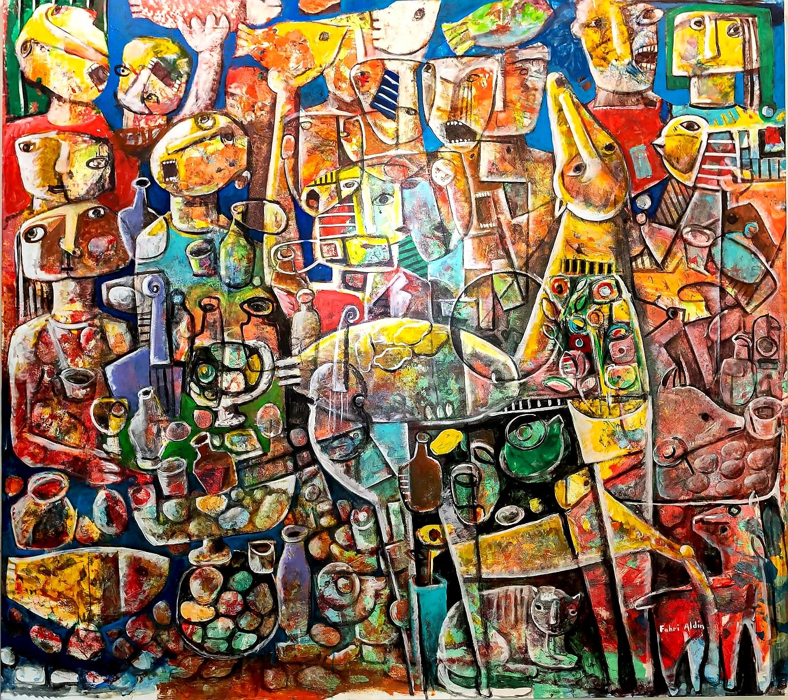 « Feast and Chaos »  Grande peinture originale sur toile de l'artiste Fahri Aldin, 1950