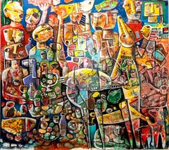 Fiesta y caos  Gran cuadro original sobre lienzo del artista Fahri Aldin- 1950