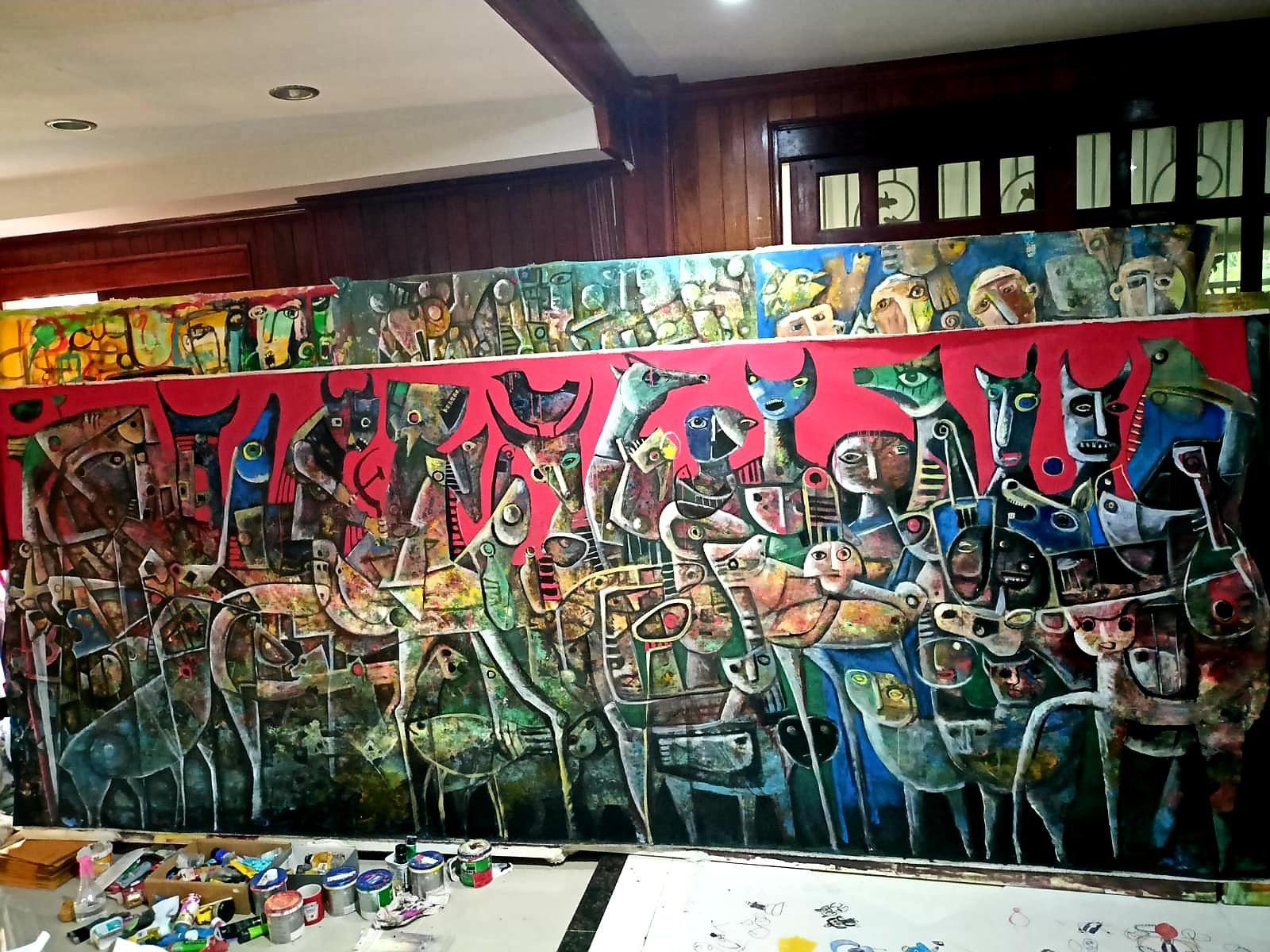 Invasione russa  ENORME dipinto originale su tela dell'artista Fahri Aldin - 1950 in vendita 11