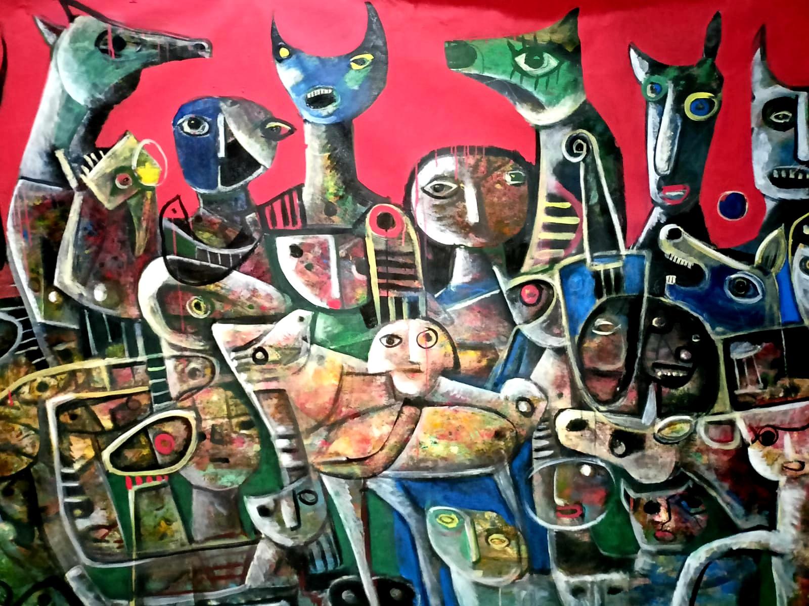 Invasione russa  ENORME dipinto originale su tela dell'artista Fahri Aldin - 1950 in vendita 1
