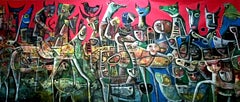Invasione russa  ENORME dipinto originale su tela dell'artista Fahri Aldin - 1950