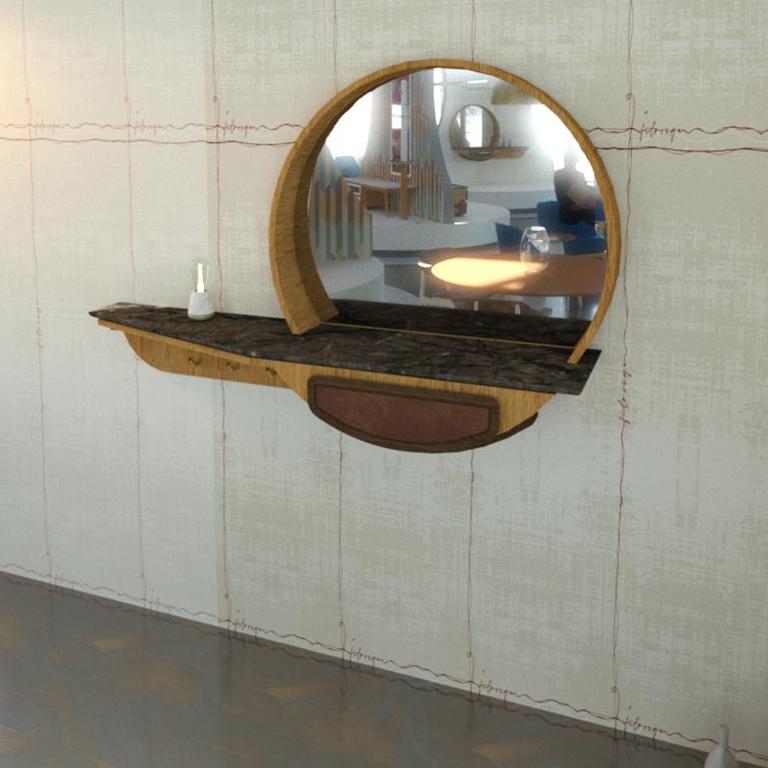 Brushed Entryway Mirror & Console M03 Contemporary Brass Walnut Oak Marble Made in Italy For Sale