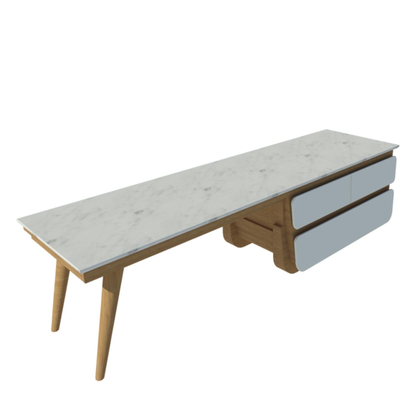 This version of the Fai bench comes in white lacquer paint and Carrara white marble top. Totally handmade with great craftsmanship, the M02 bench is made with oak veneer and hardwood. The front of the drawers has a white matt finish, while the base,
