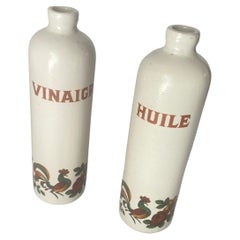 Antique Faience Bottle Beige Color, with Flower Decoration Pattern France 19th Century