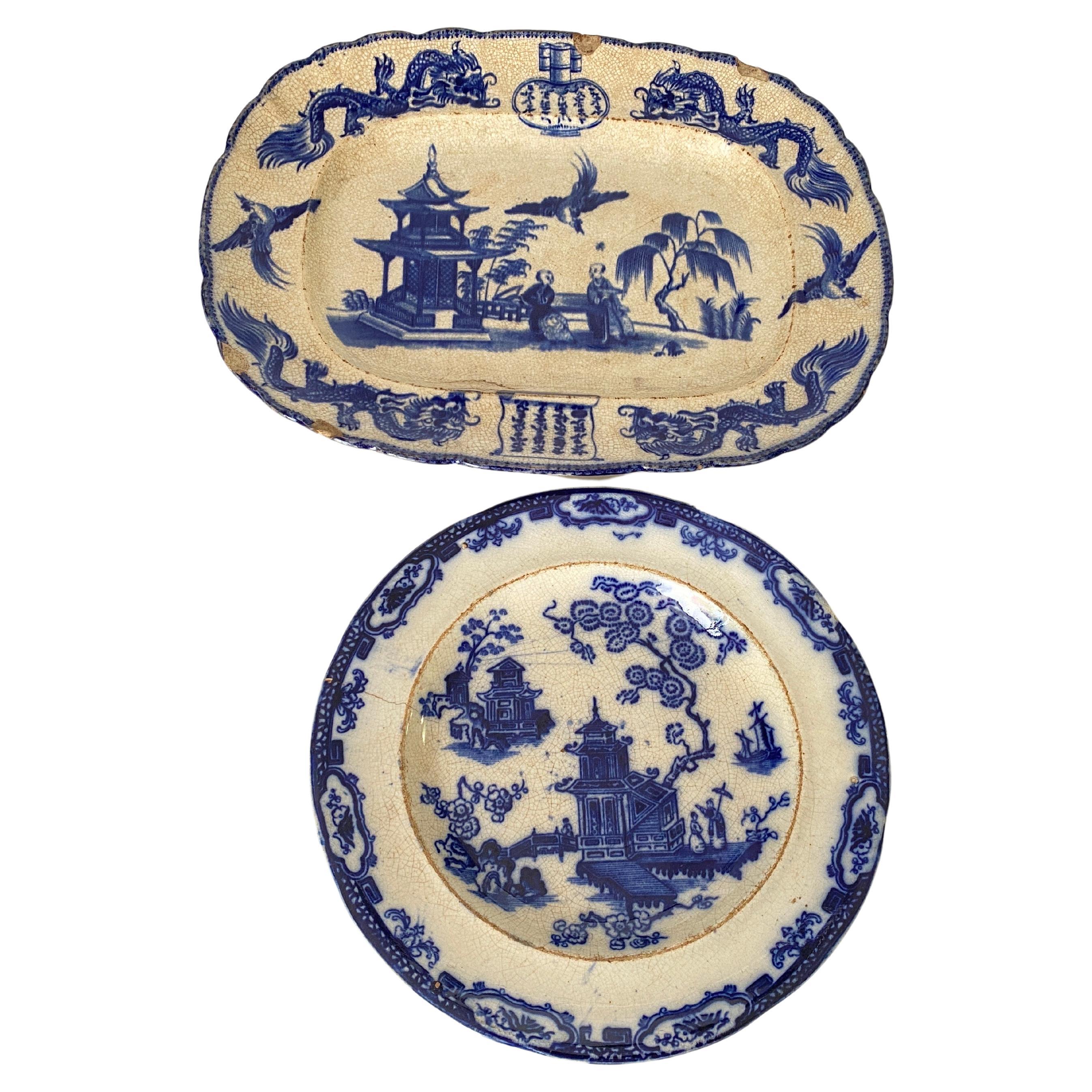 Faience Dish and Plate by Jules Vieillard Chinese Decor France 19th Century 