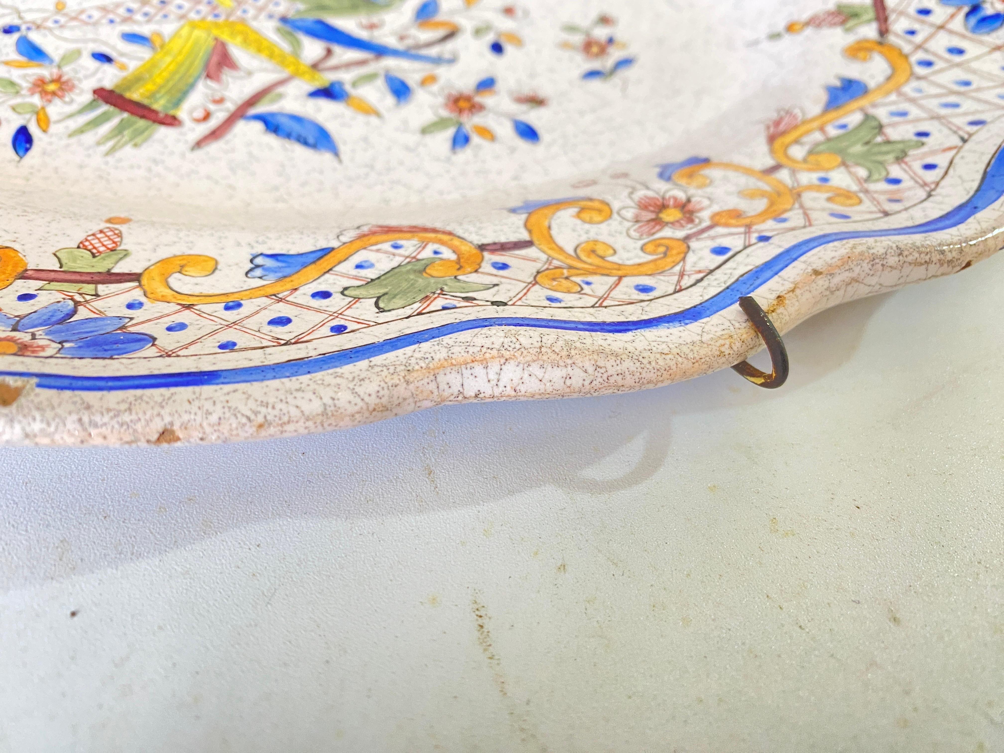 Faience Dish, by Malicorne, with Birds and Flowers Decor, France 19th, Signed For Sale 2