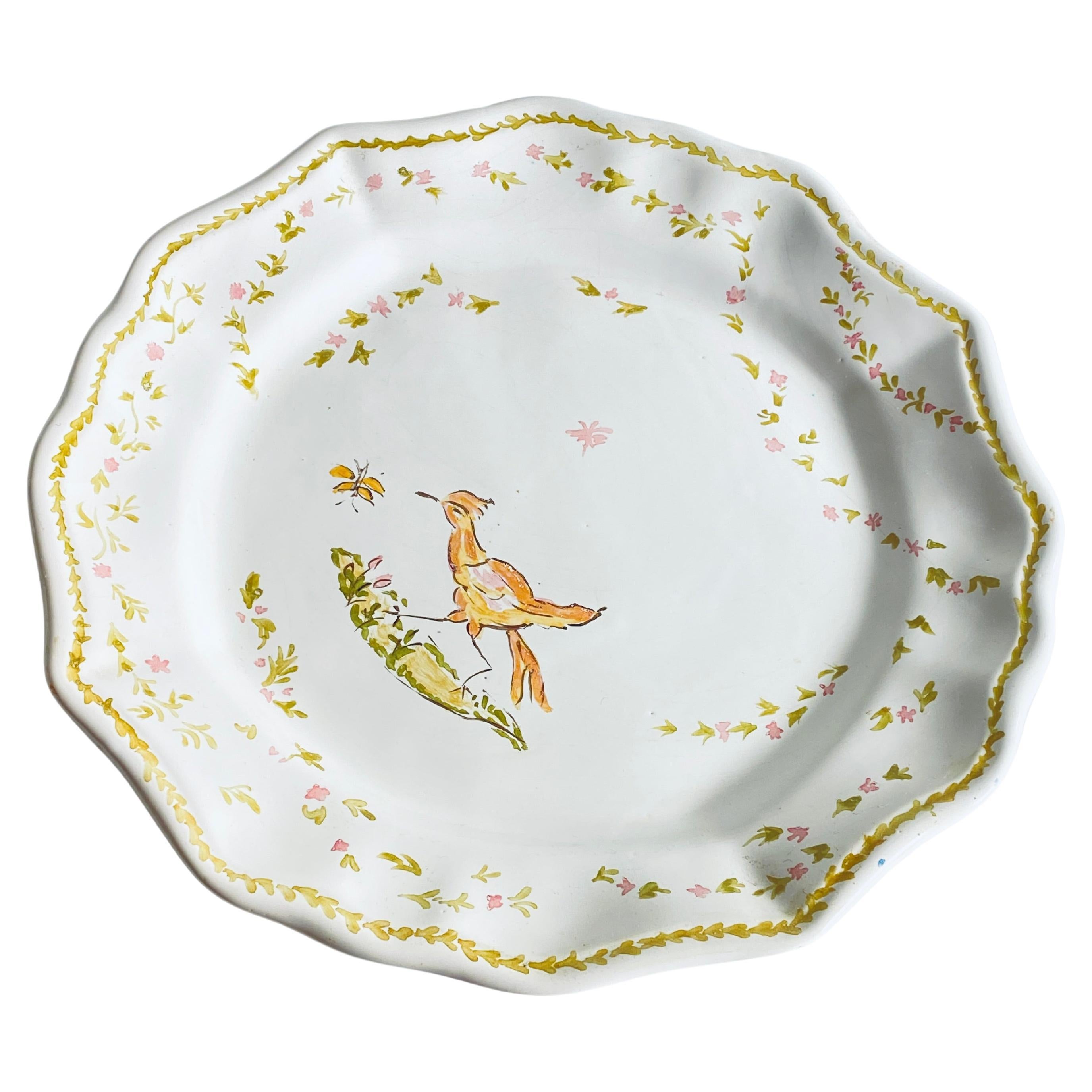 Faience Dish, by Moustier, with Birds and Flowers Decor, France 19th, Signed For Sale