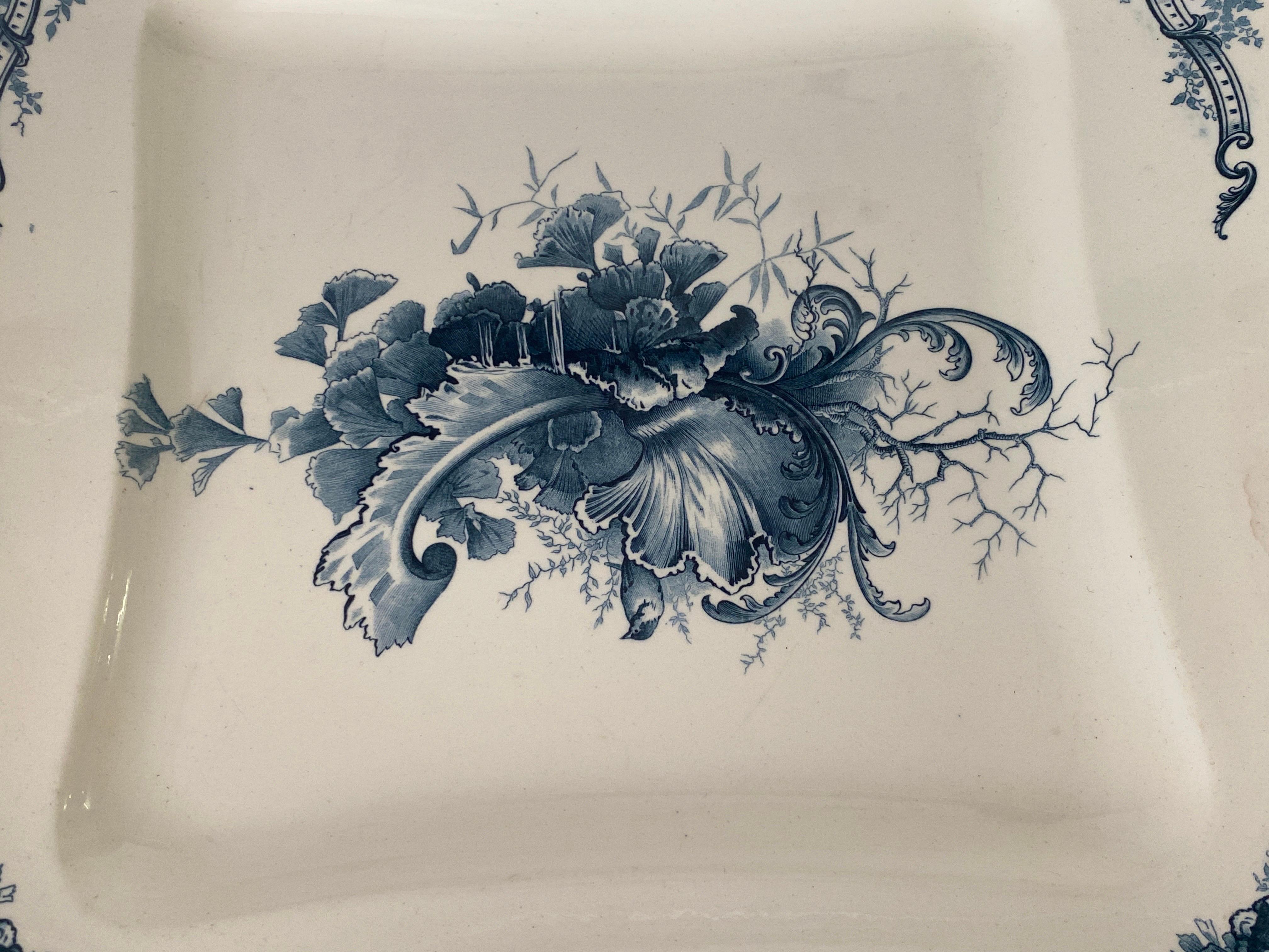 Faience Dish by Terre de Fer with Flowers Decor France 19th Century Signed For Sale 1